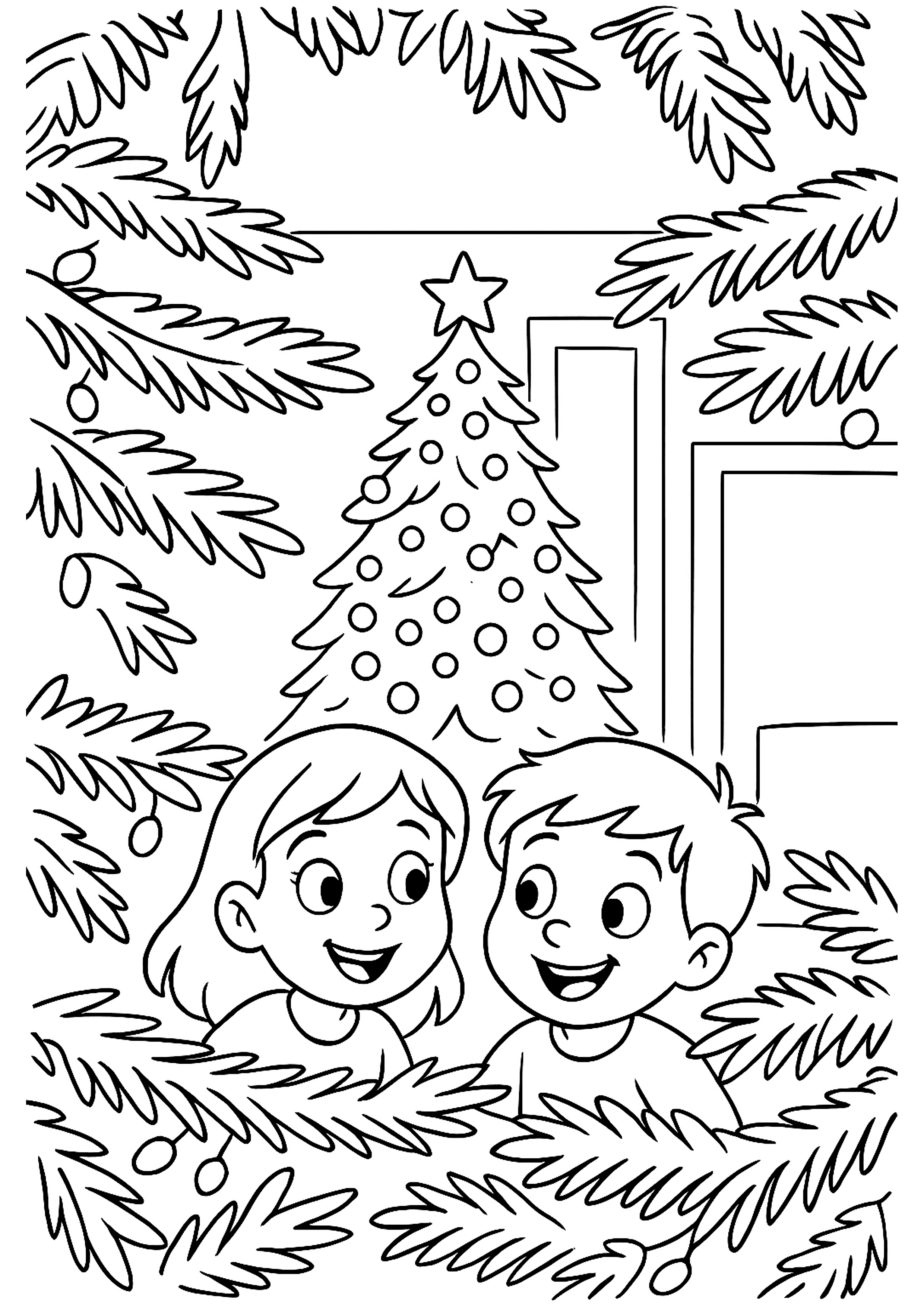 Christmas tree with string lights - colouring page