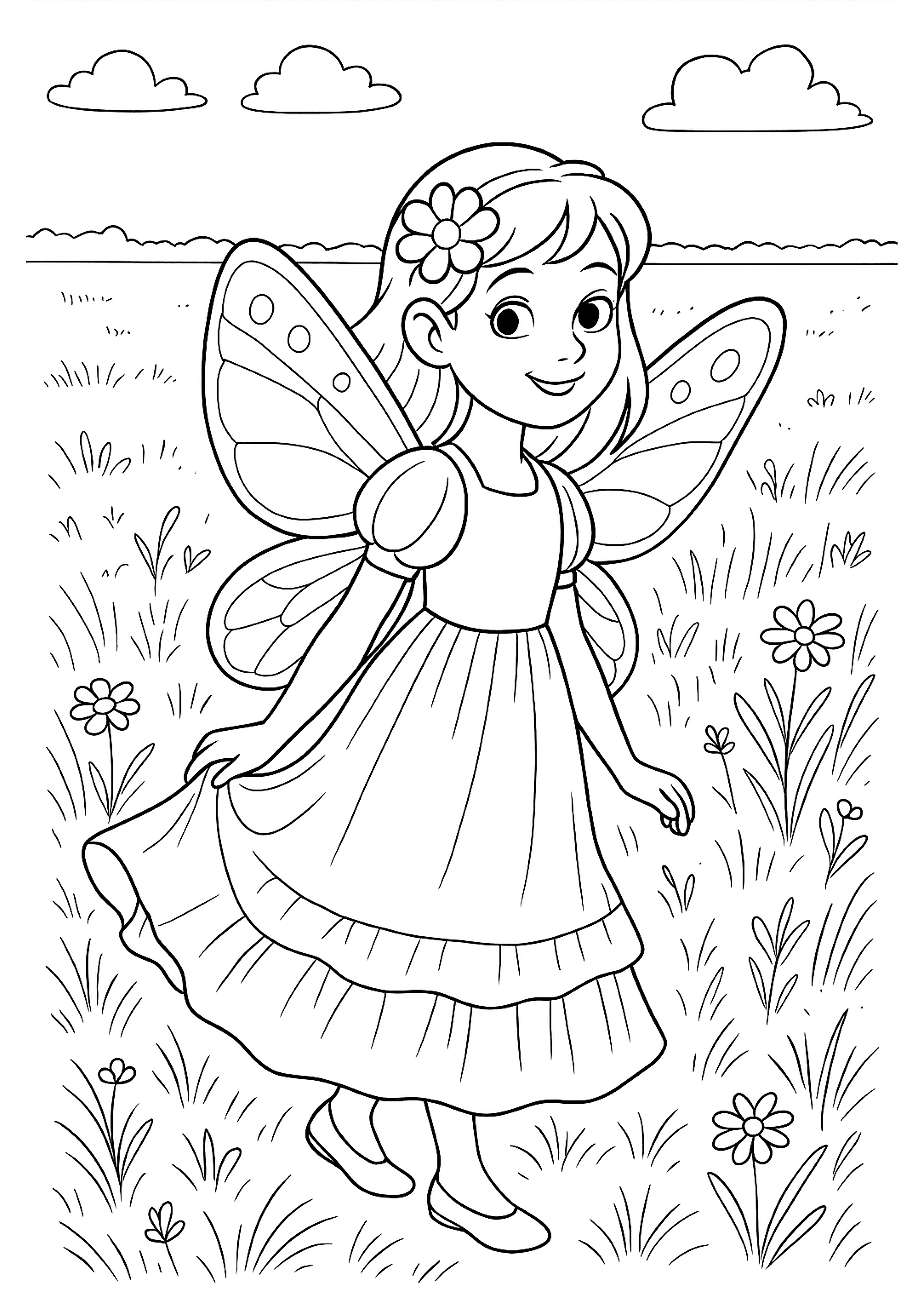 woman in fairy costume standing on green field - colouring page