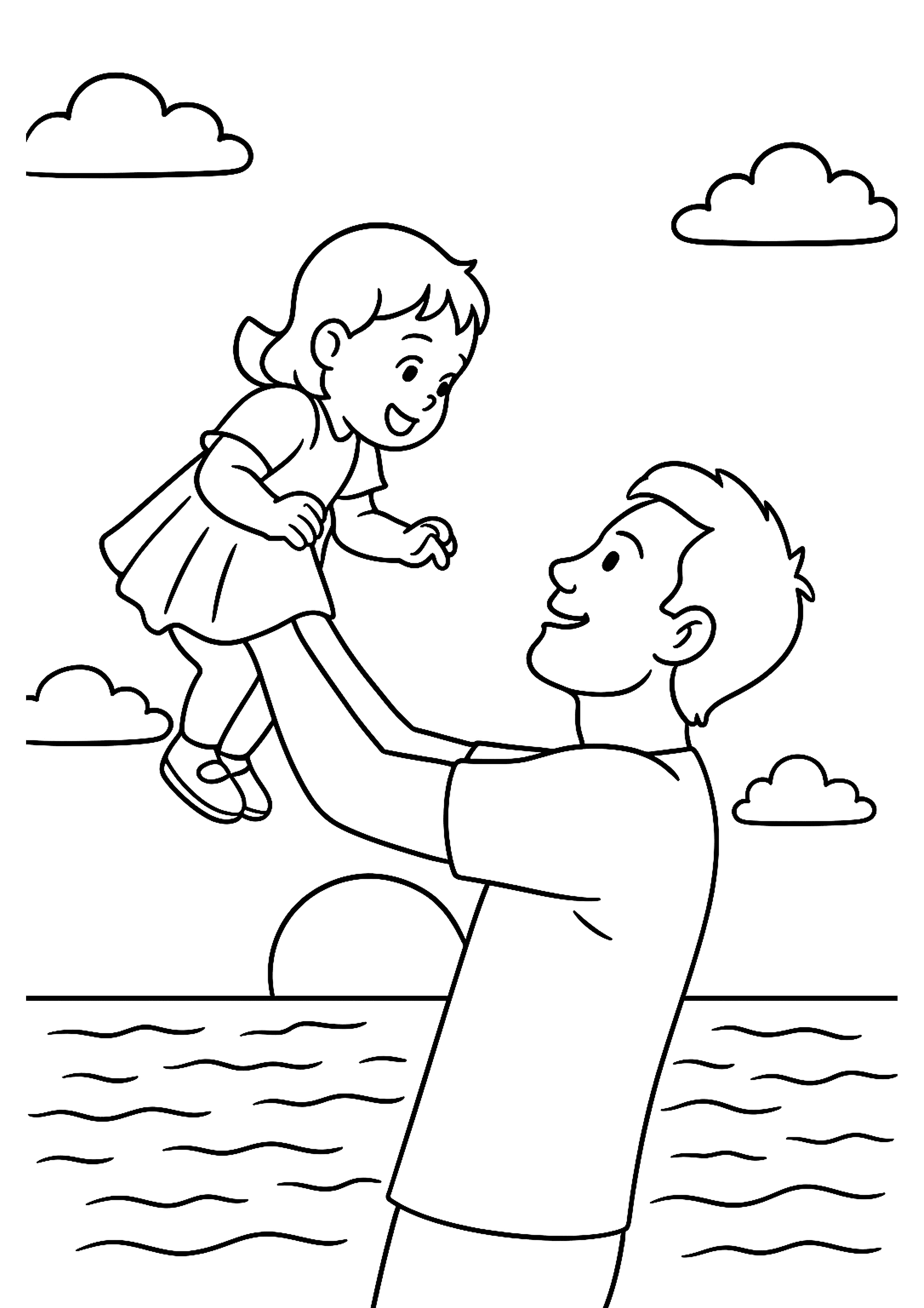 silhouette photo of man carrying baby during golden hour - colouring page