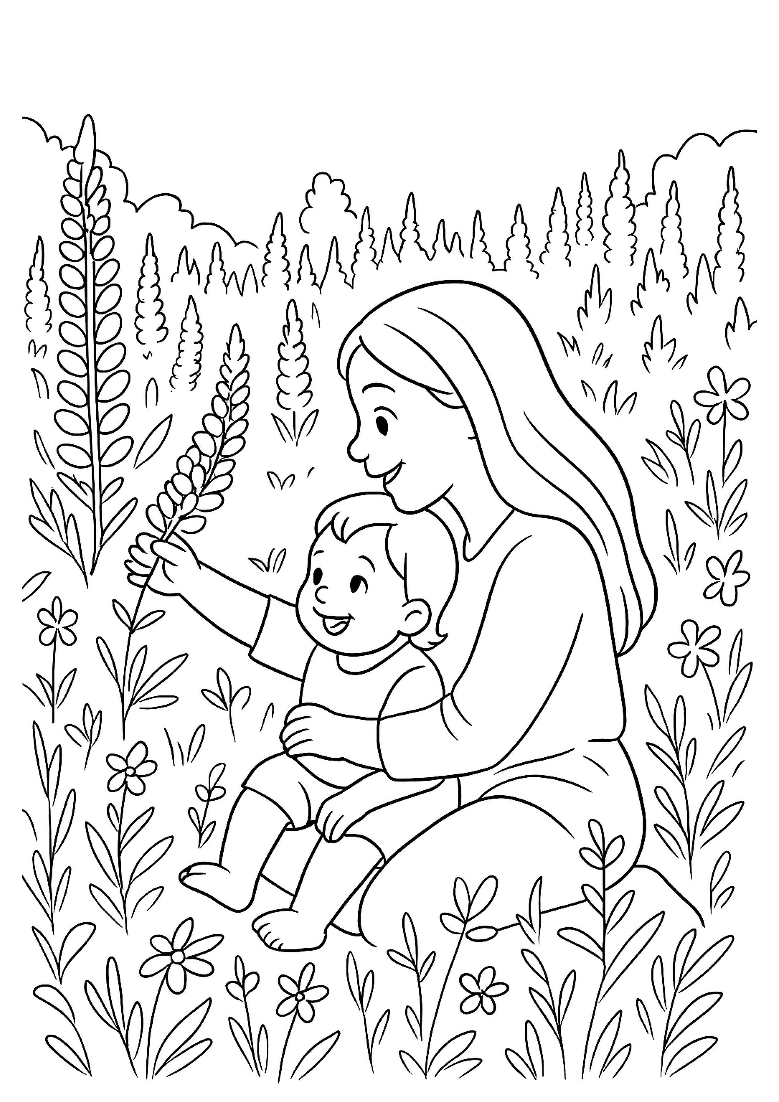 woman sitting with baby on her lap surrounded with purples flower - colouring page