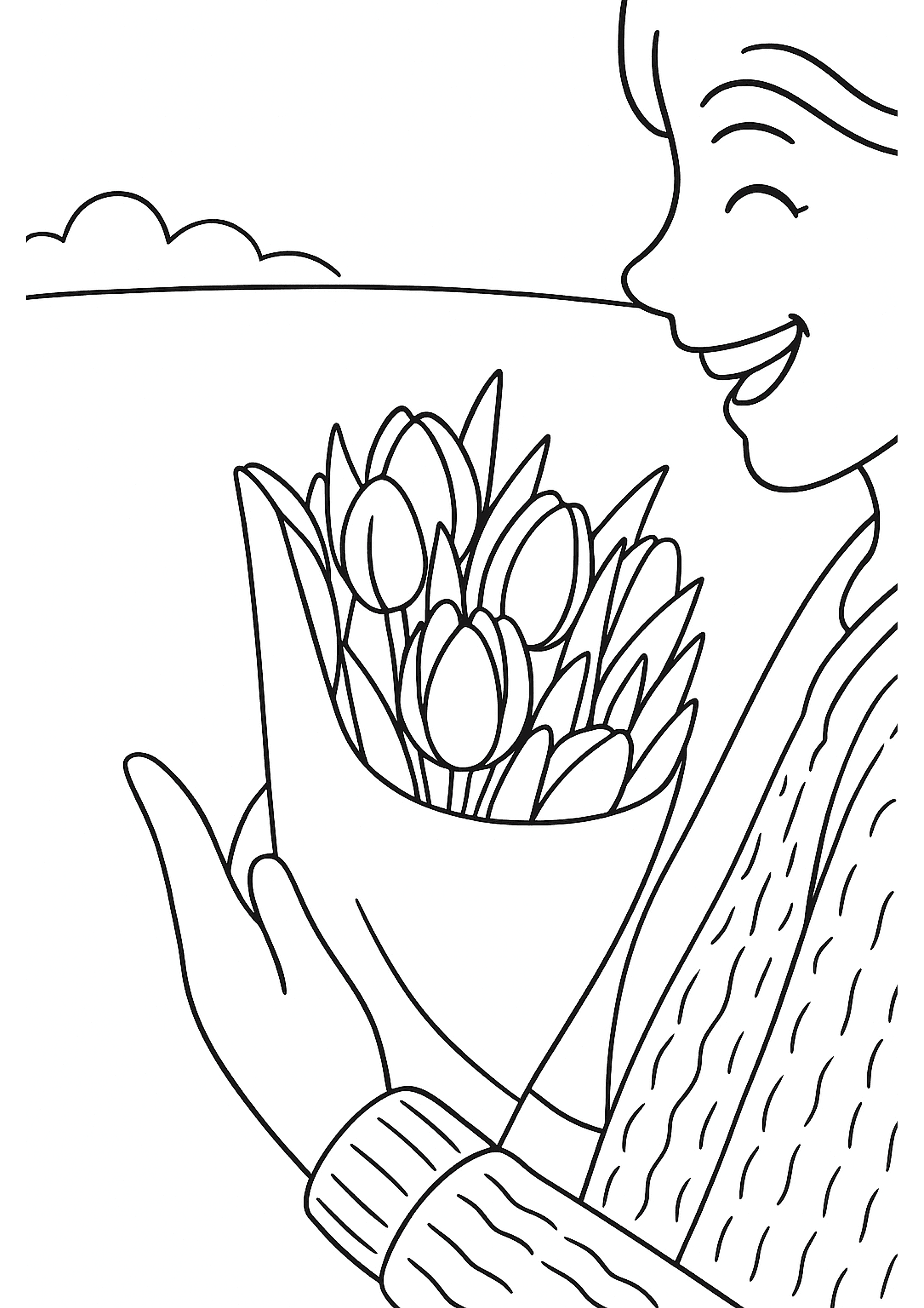 woman holding flower bouquet - colouring page