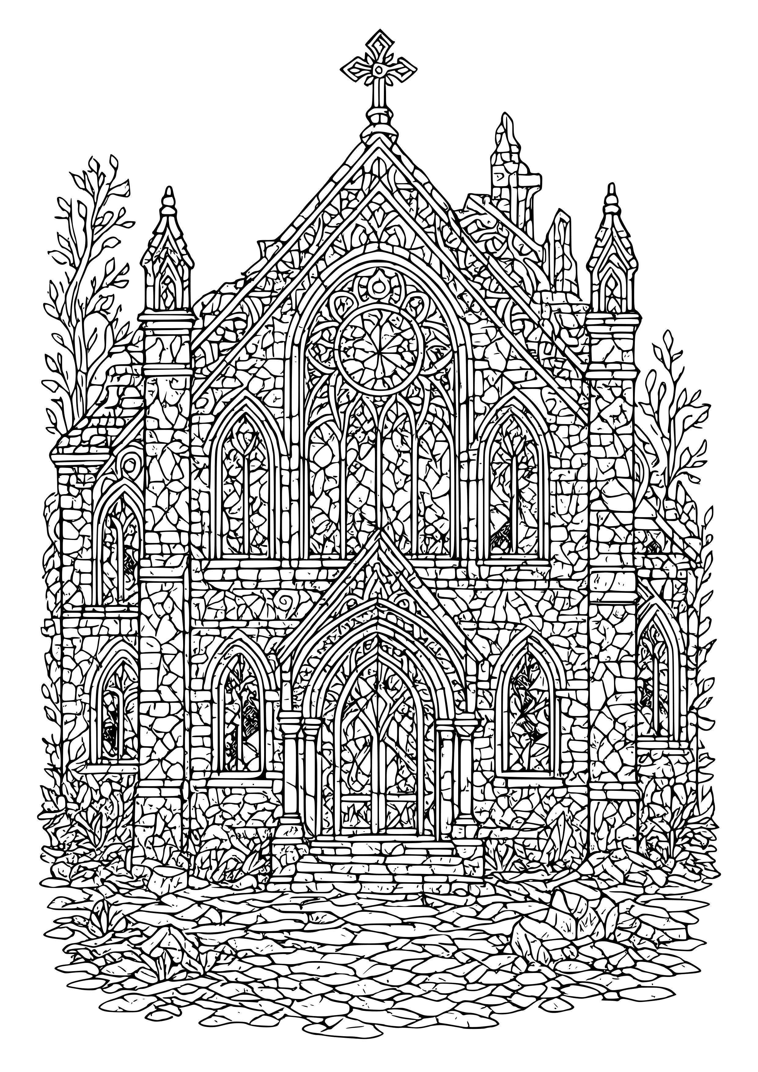 Abandoned Church with Broken Stained Glass Coloring Page