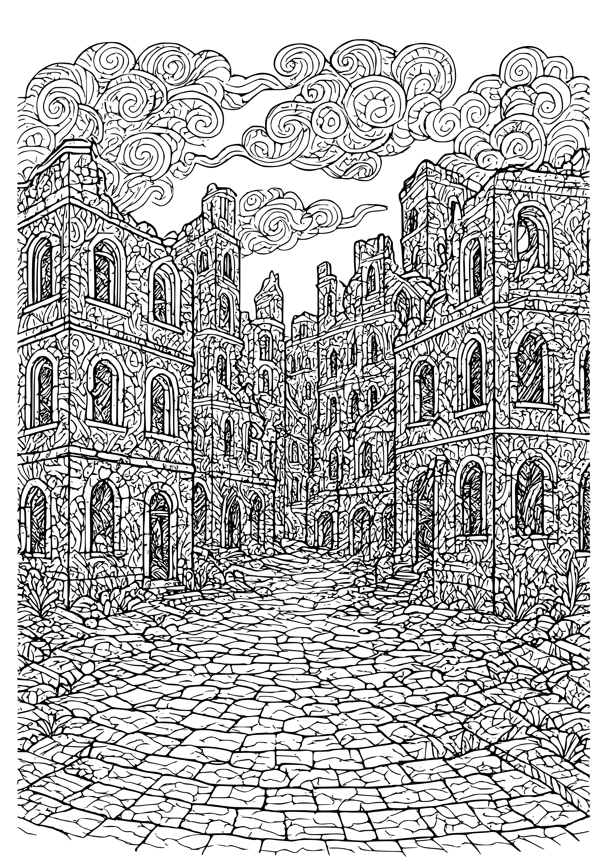 Abandoned City with Crumbling Buildings Coloring Page