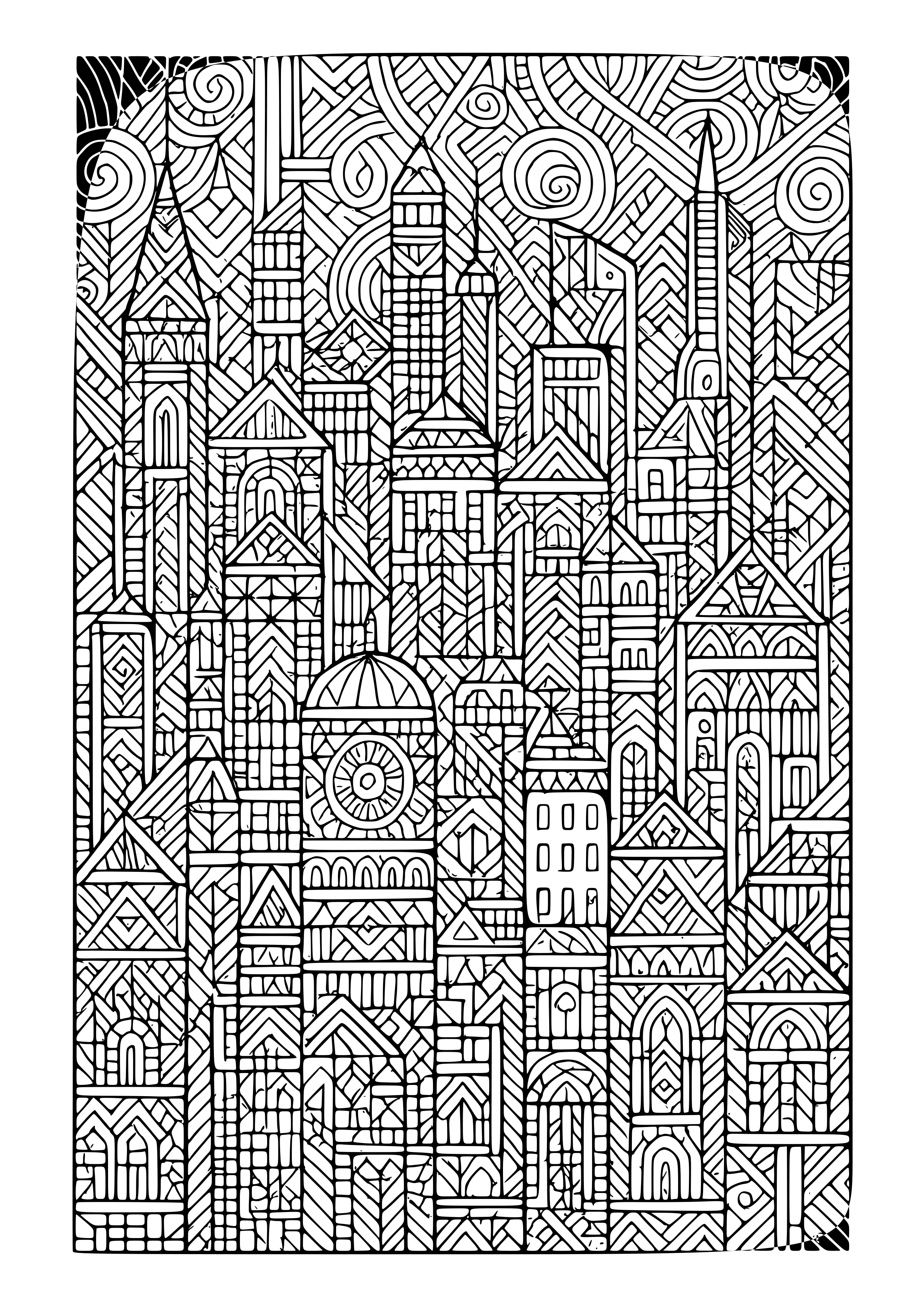Abstract Cityscape with Geometric Shapes Coloring Page