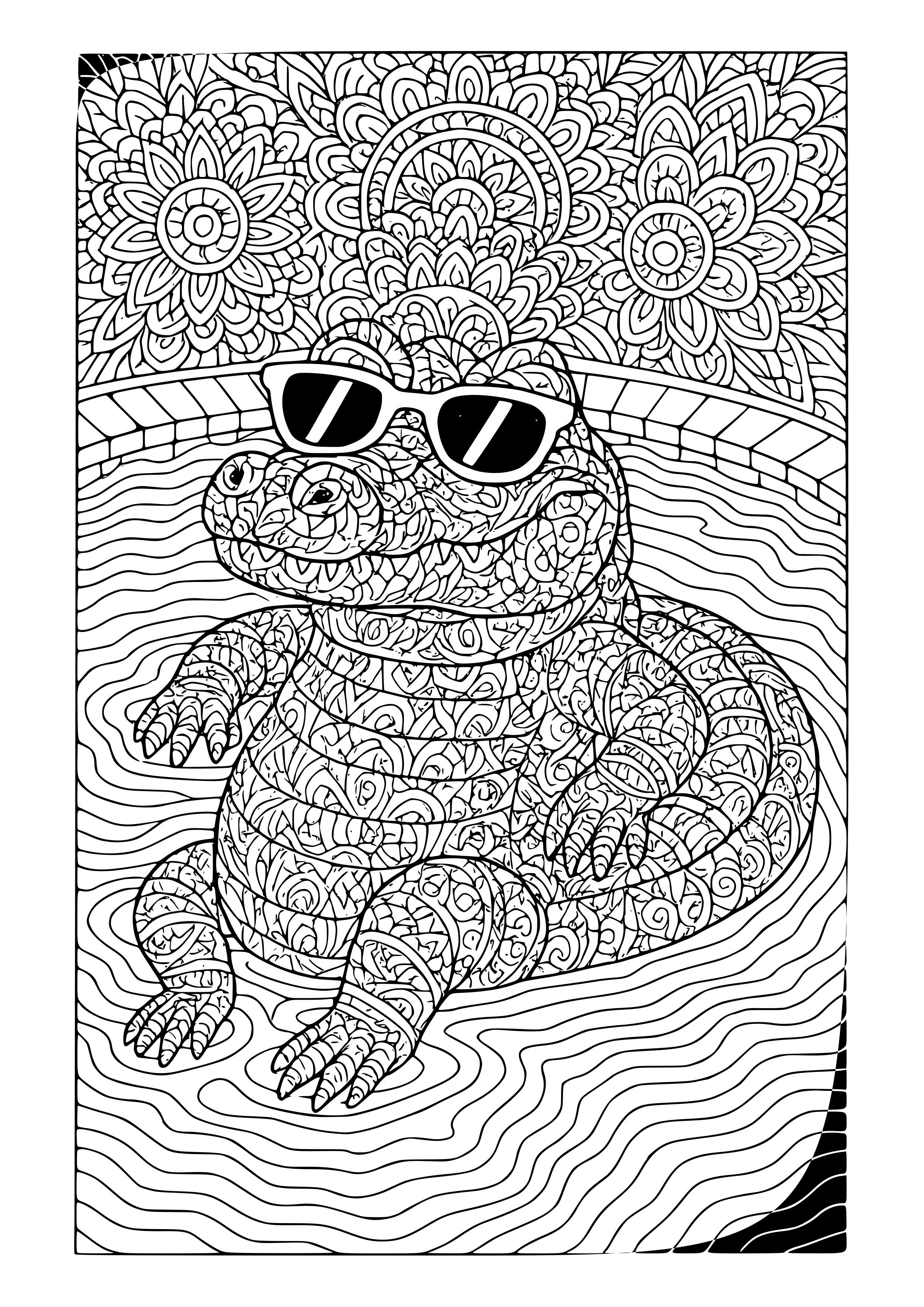 Alligator Lounging in a Pool with Sunglasses Coloring Page