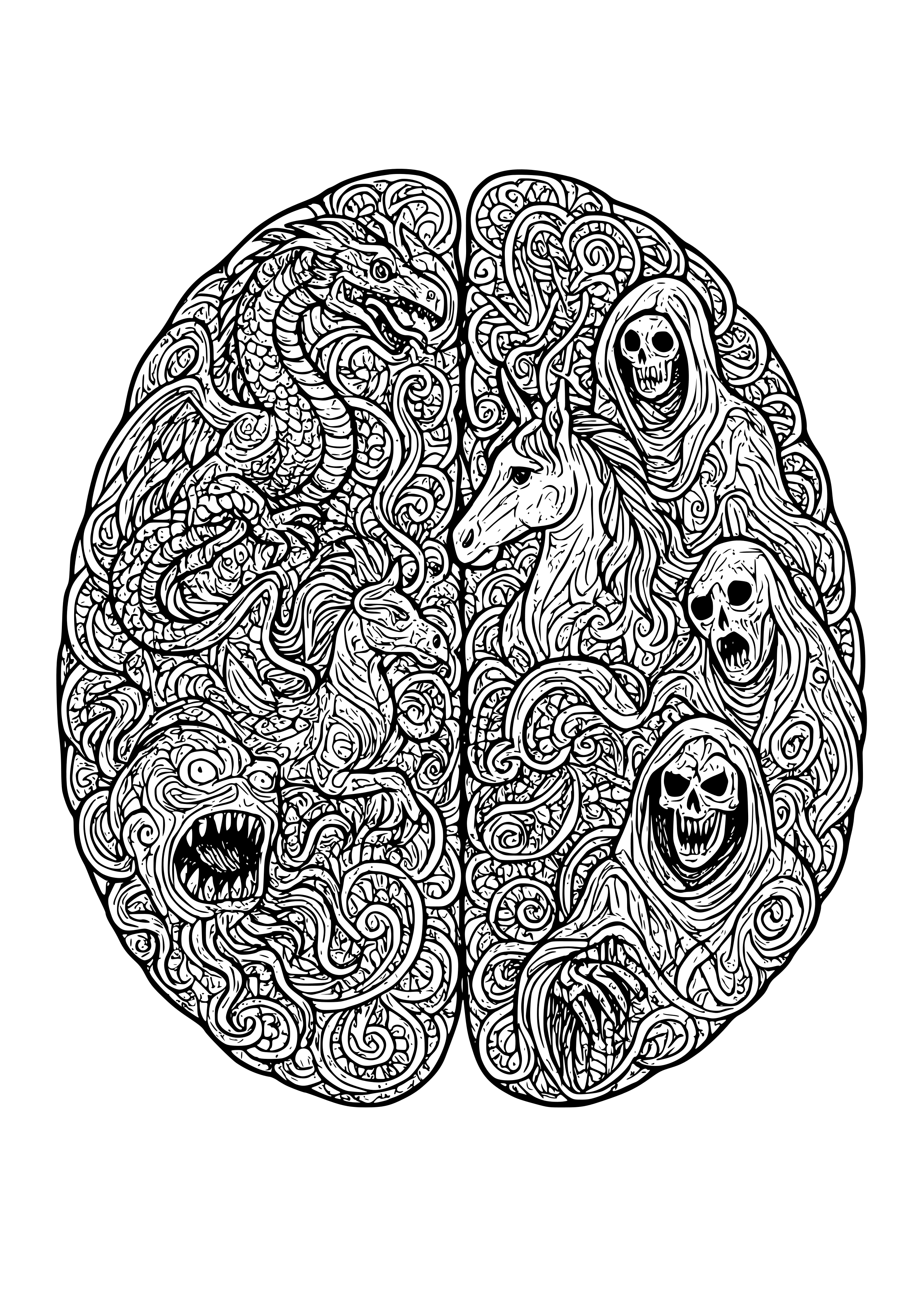Anatomical Brain Filled with Mystical Creatures Coloring Page