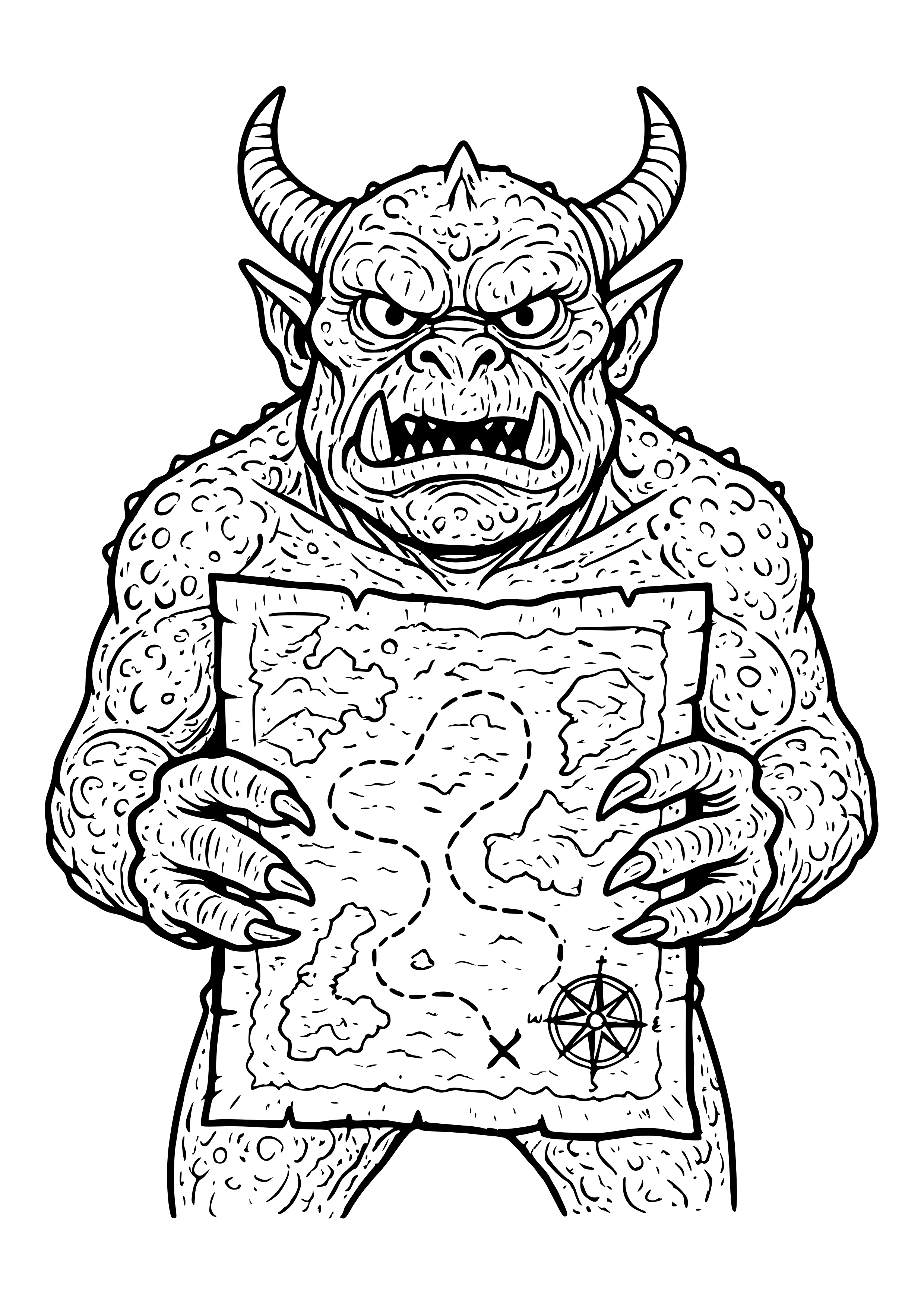 Ancient Green Monster Holding a Treasure Map Coloring Page