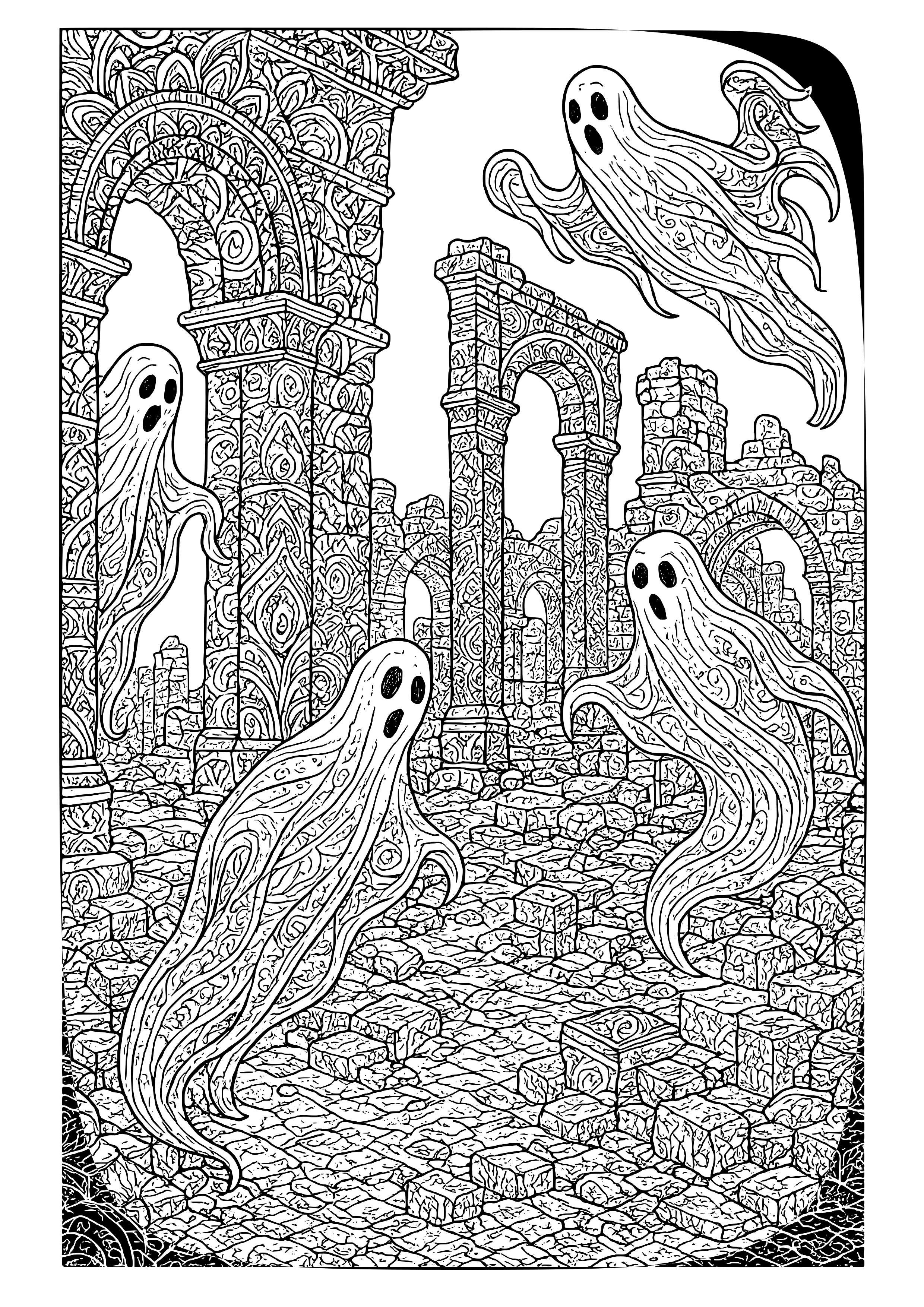 Ancient Ruins with Ghostly Figures Coloring Page