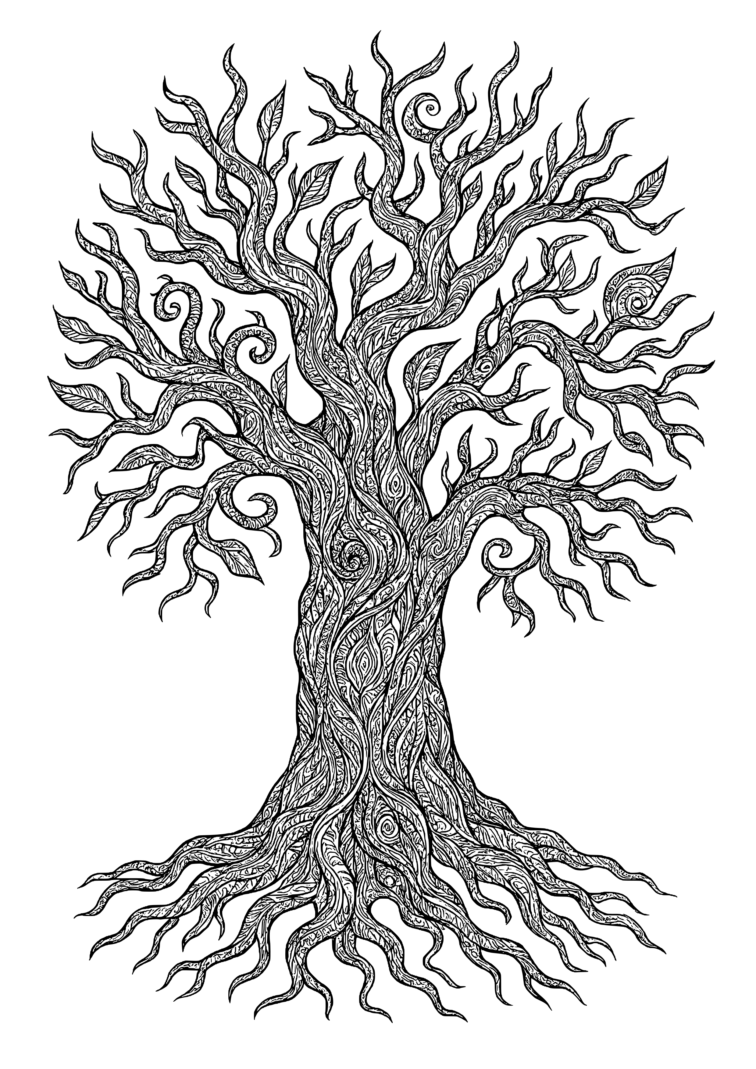 Ancient Tree with Twisted Branches Coloring Page