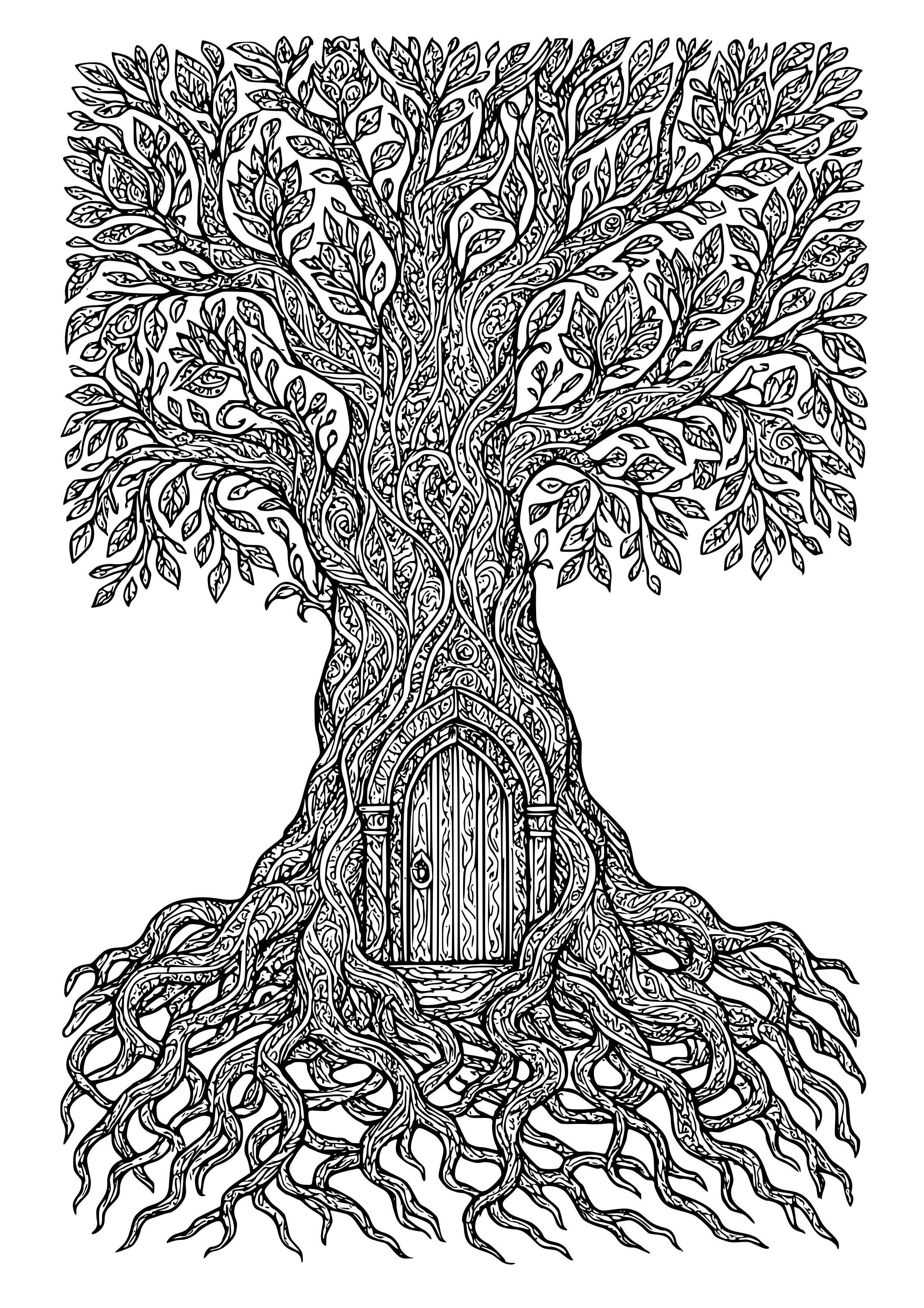 Ancient Tree with Twisted Roots and a Hidden Door Coloring Page