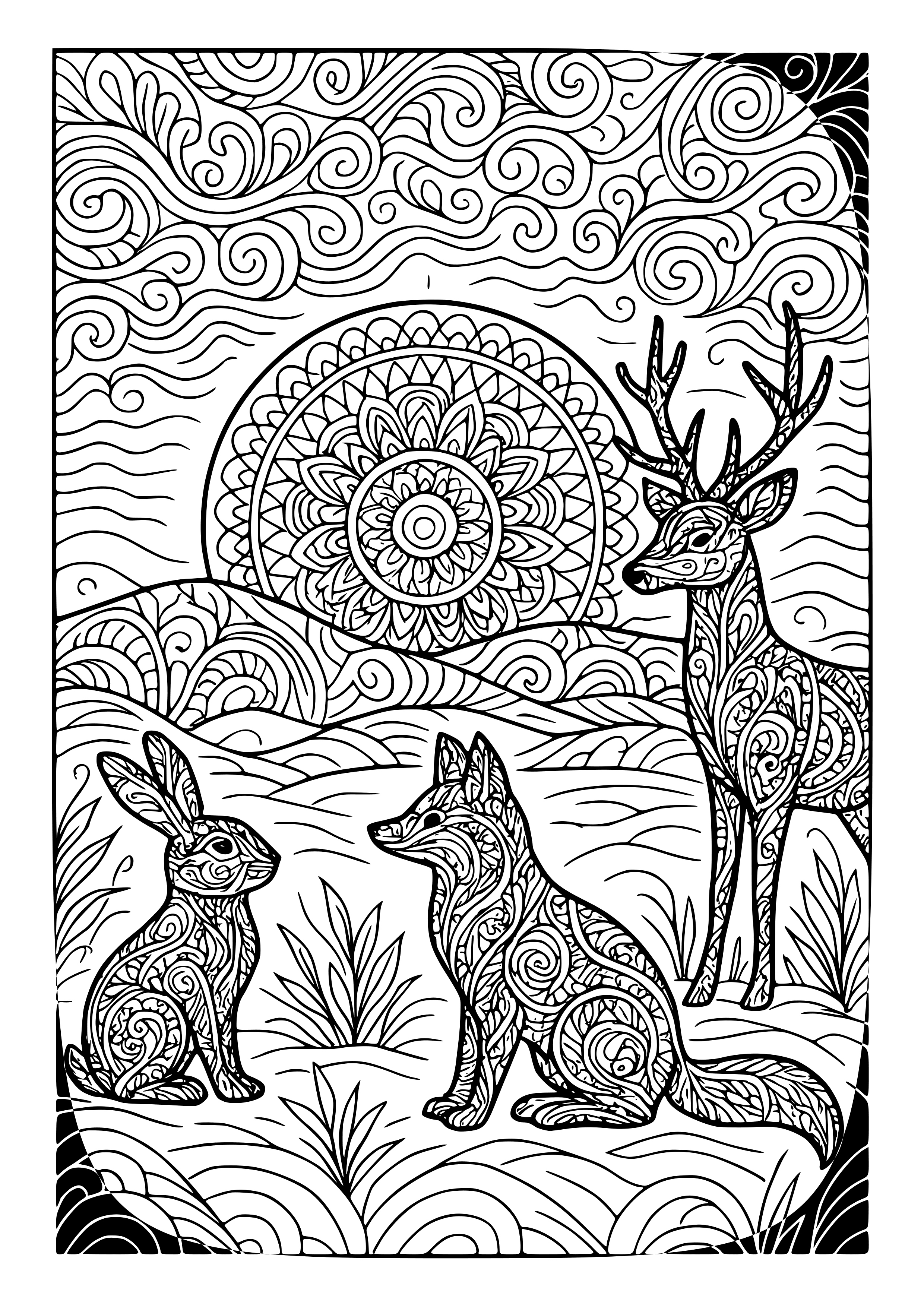 Animal Silhouettes During Sunset Coloring Page