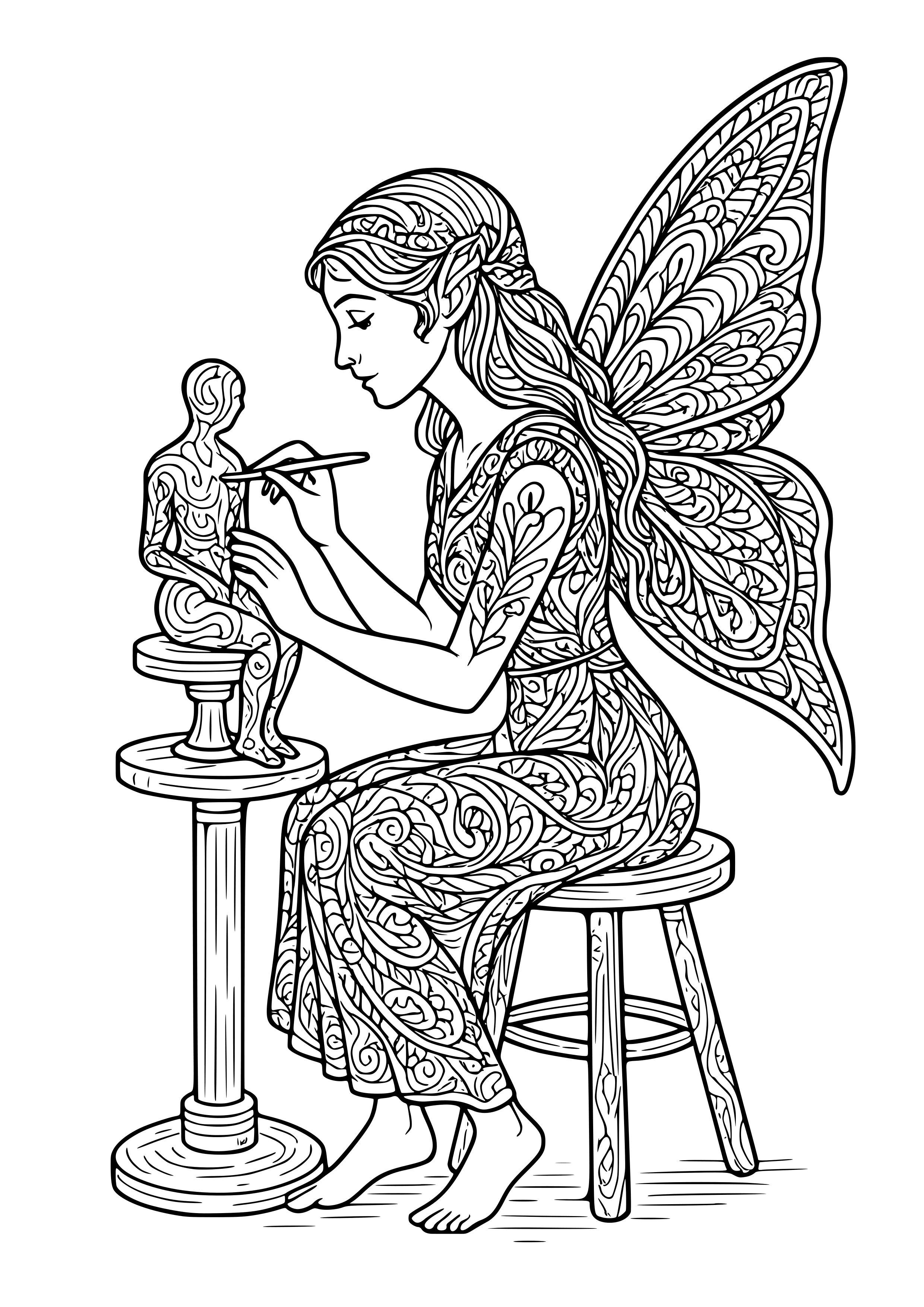 Artistic Fairy Creating a Sculpture From Clay Coloring Page