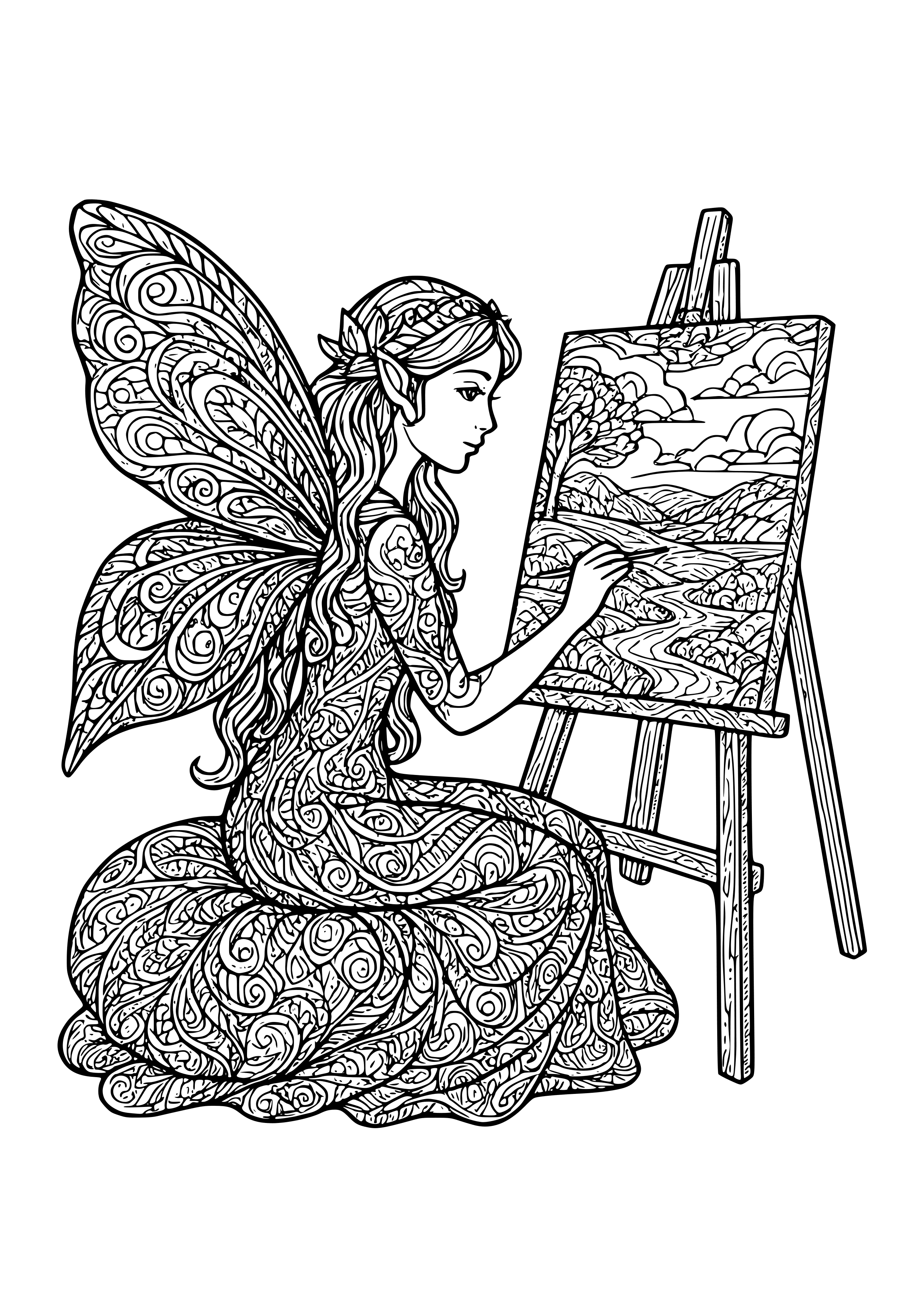 Artistic Fairy Sketching a Landscape on Her Easel Coloring Page