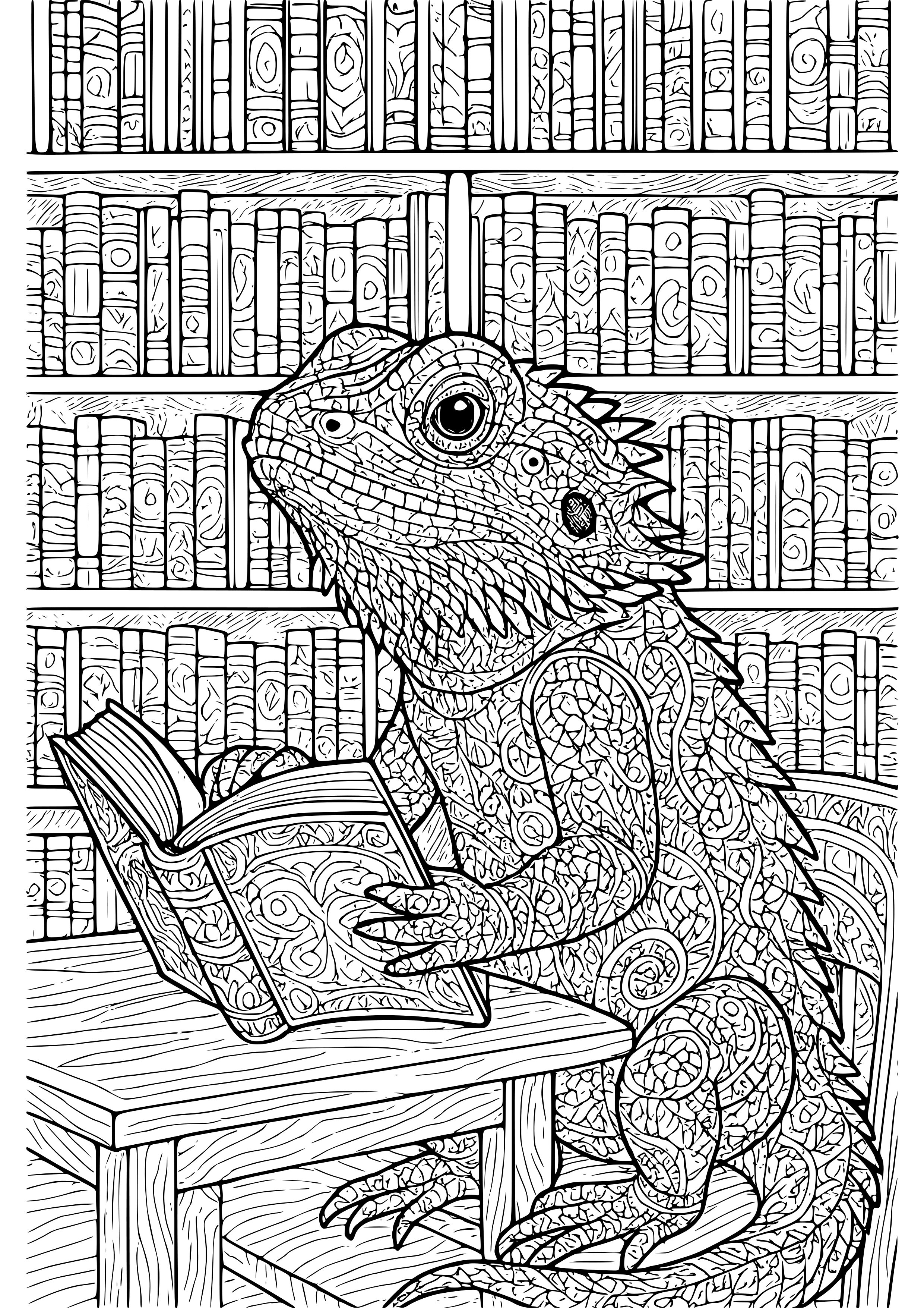 Bearded Dragon Reading a Book in a Library Coloring Page