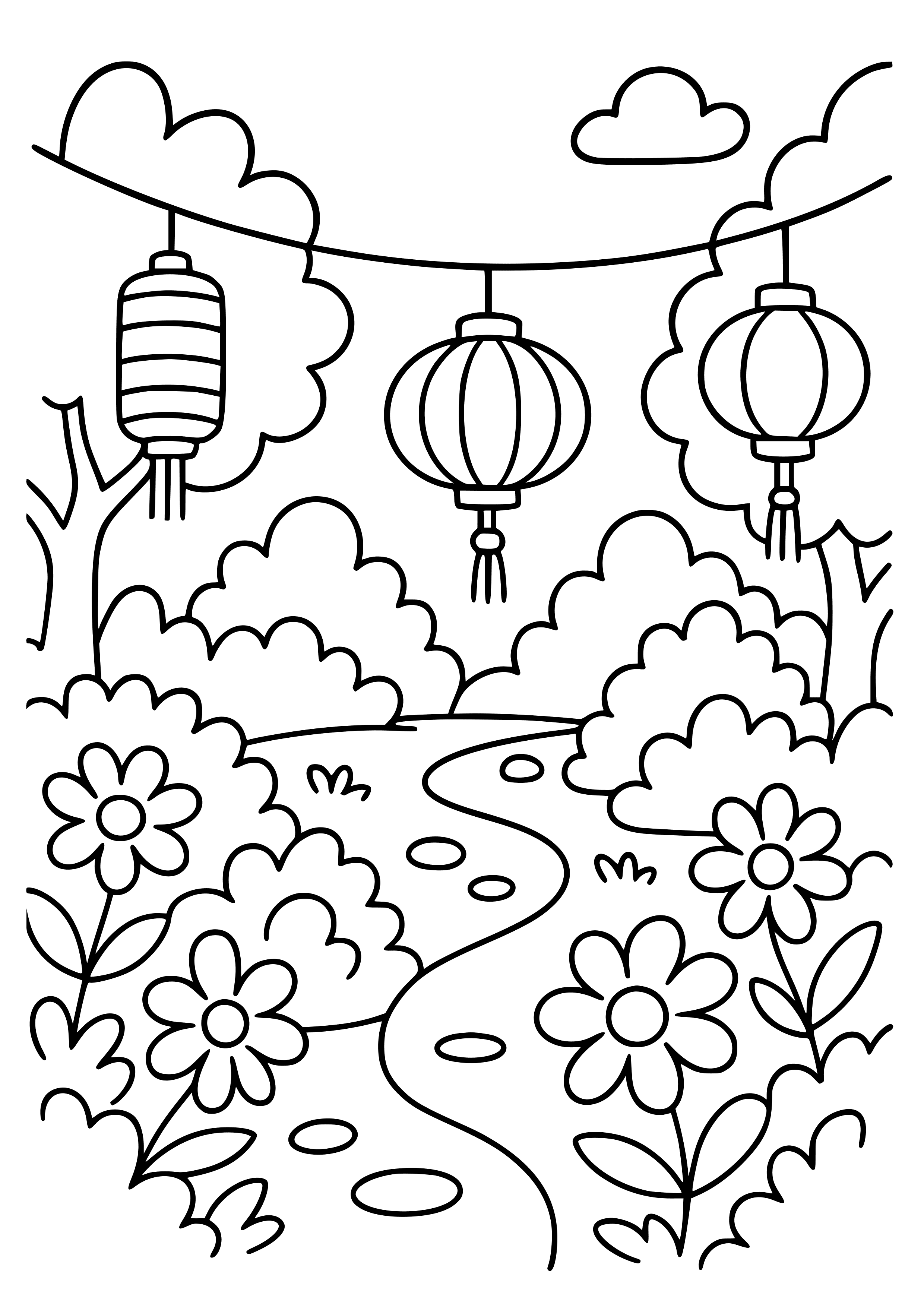 Beautiful Garden Decorated with Lanterns Coloring Page