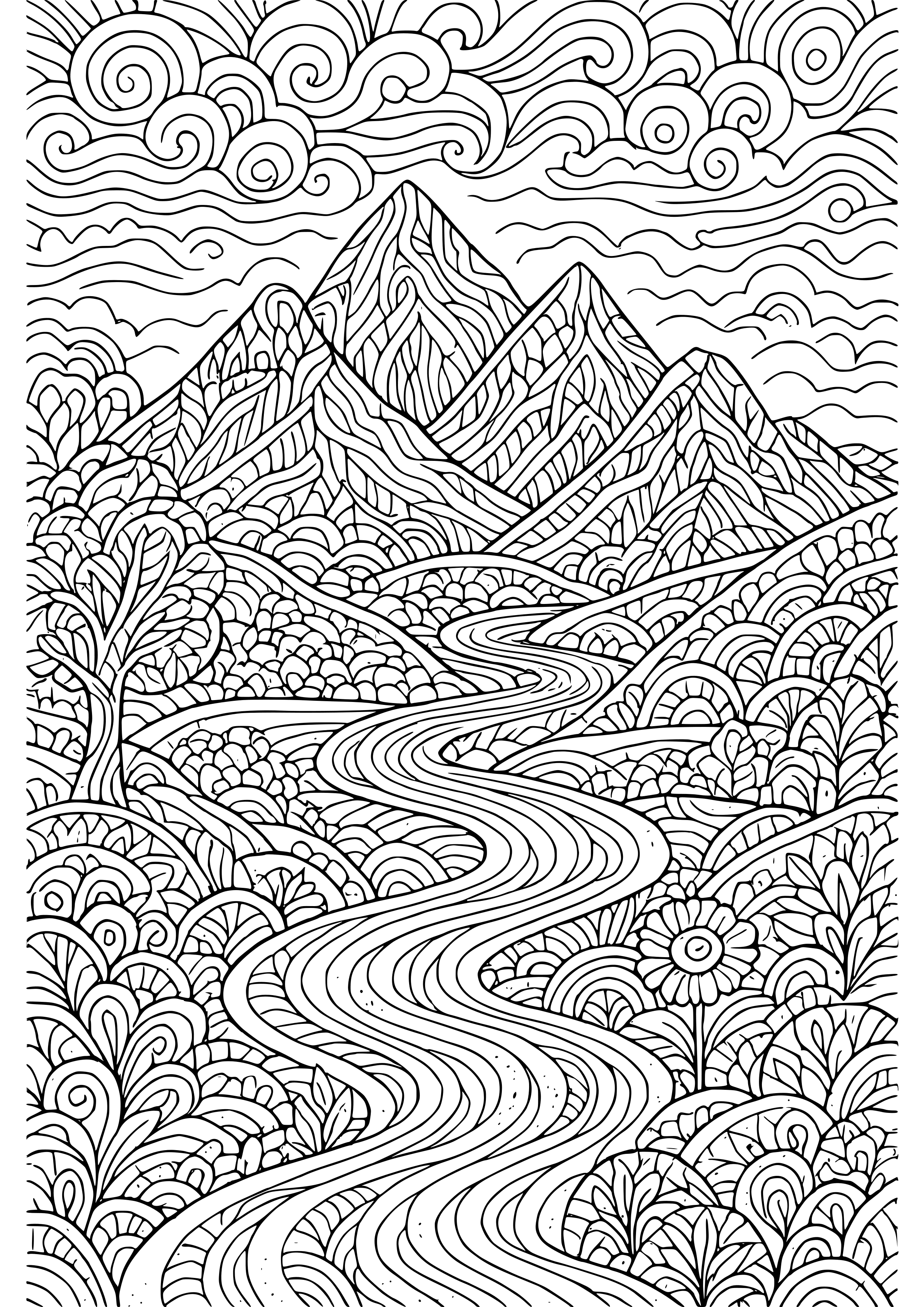Beautiful Landscape with Mountains and Rivers Coloring Page