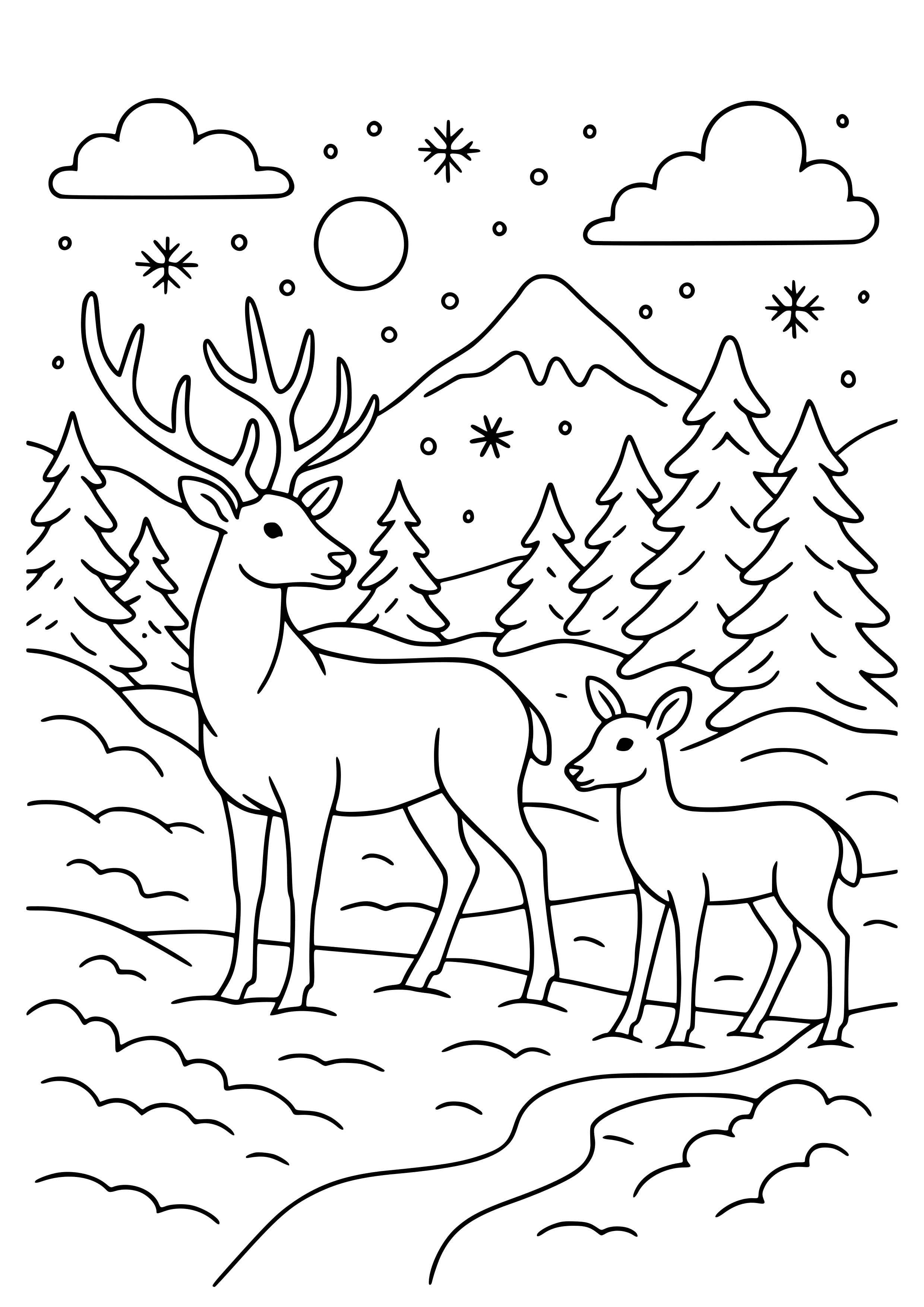 Beautiful Snowy Landscape with Deer Coloring Page