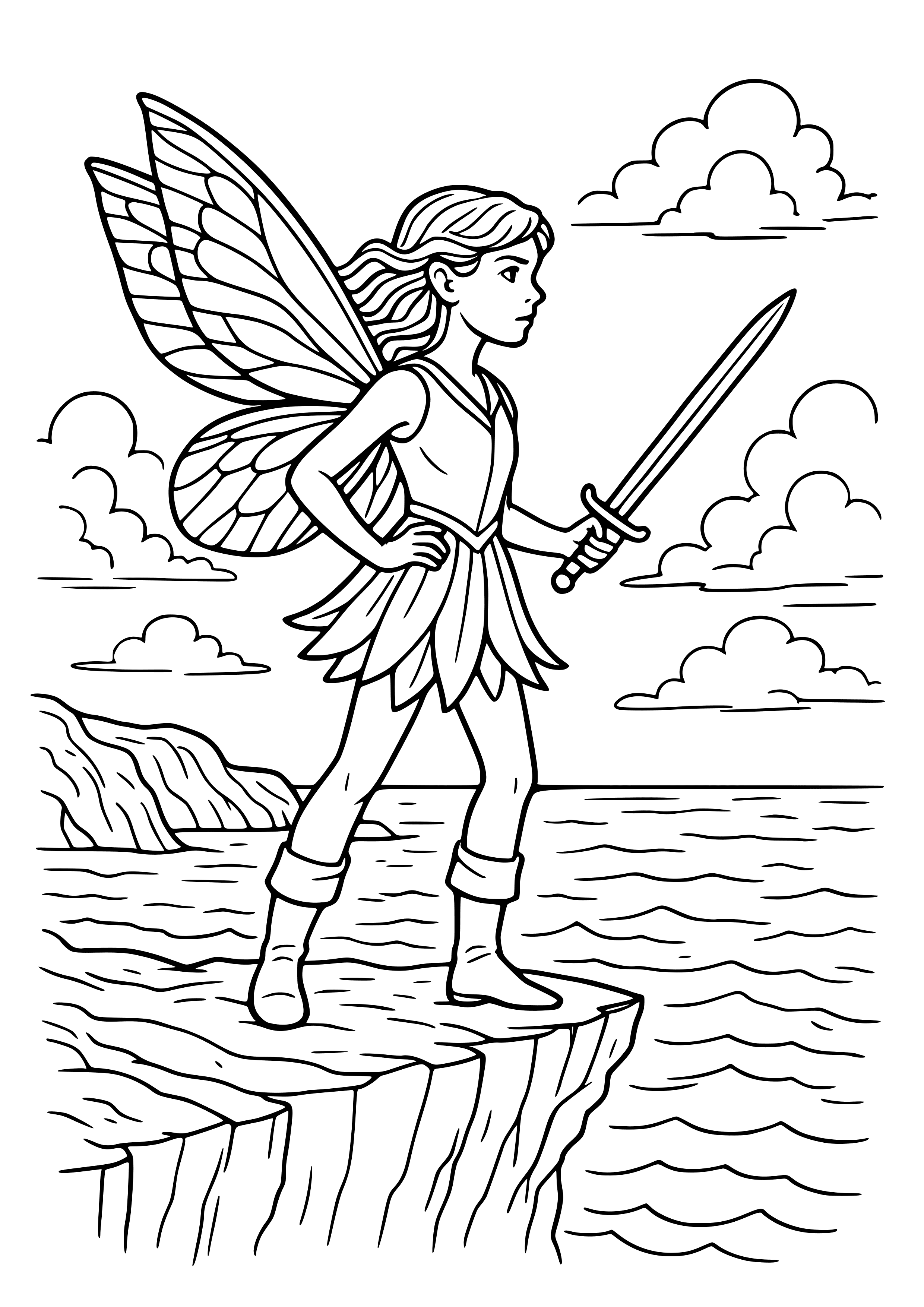 Brave Fairy Standing Atop a Cliff Overlooking the Sea Coloring Page