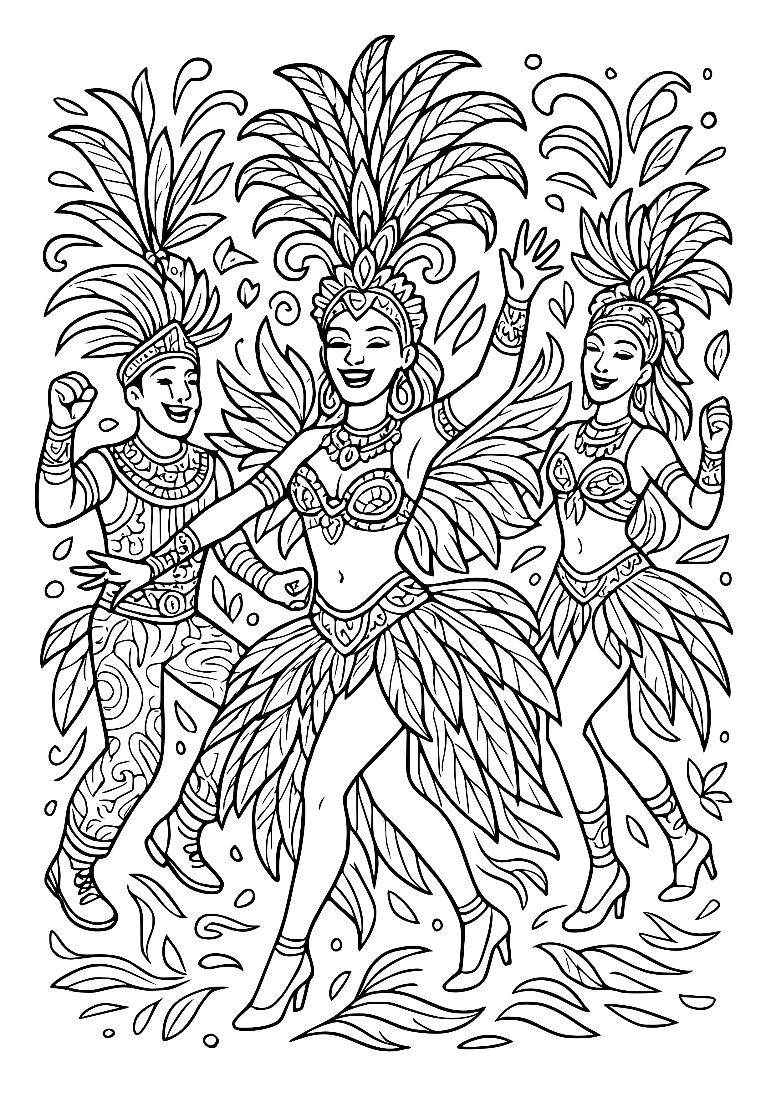 Brazilian Carnival with Dancers in Costumes Coloring Page