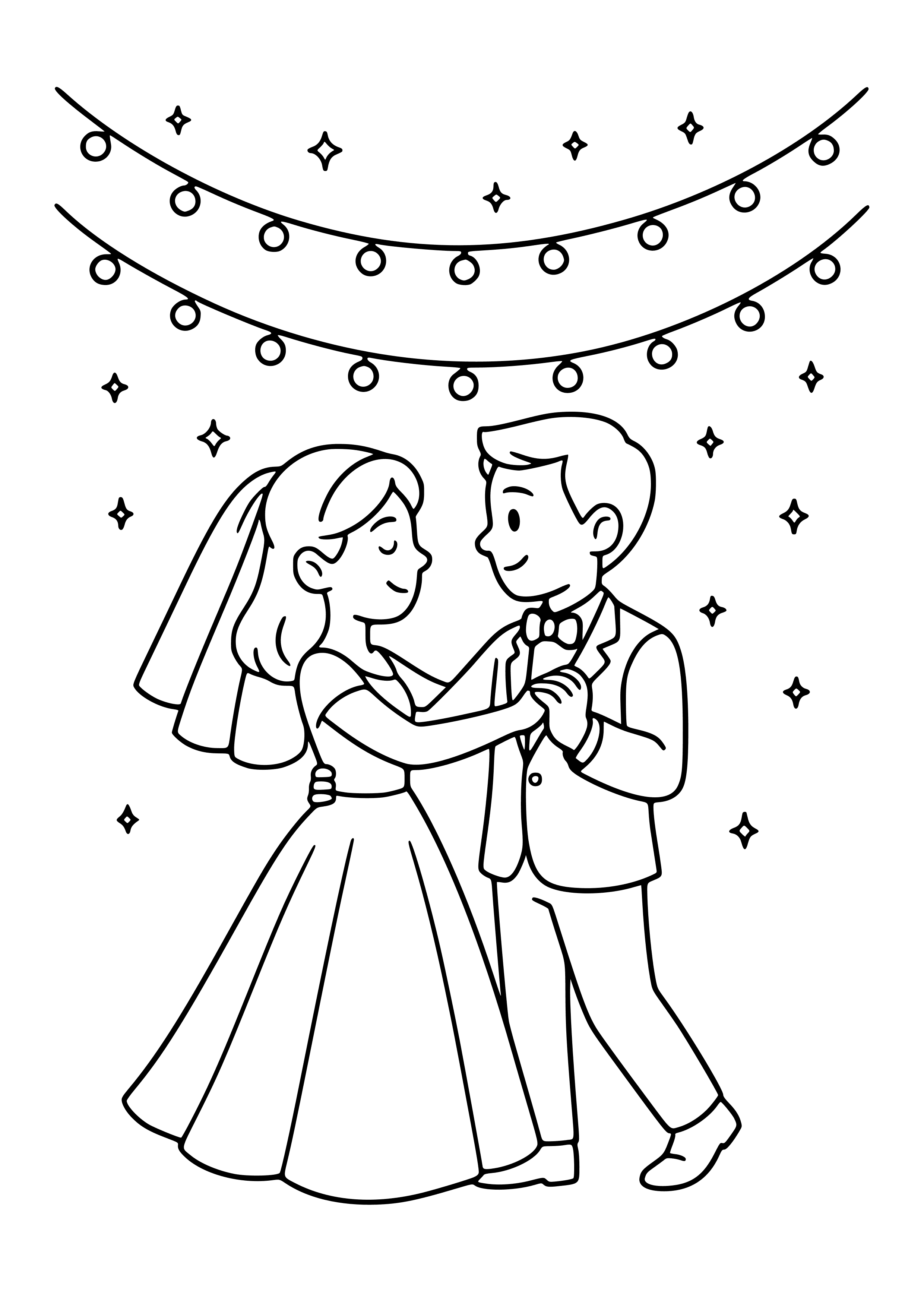Bride and Groom Dancing Under Twinkling Lights Coloring Page