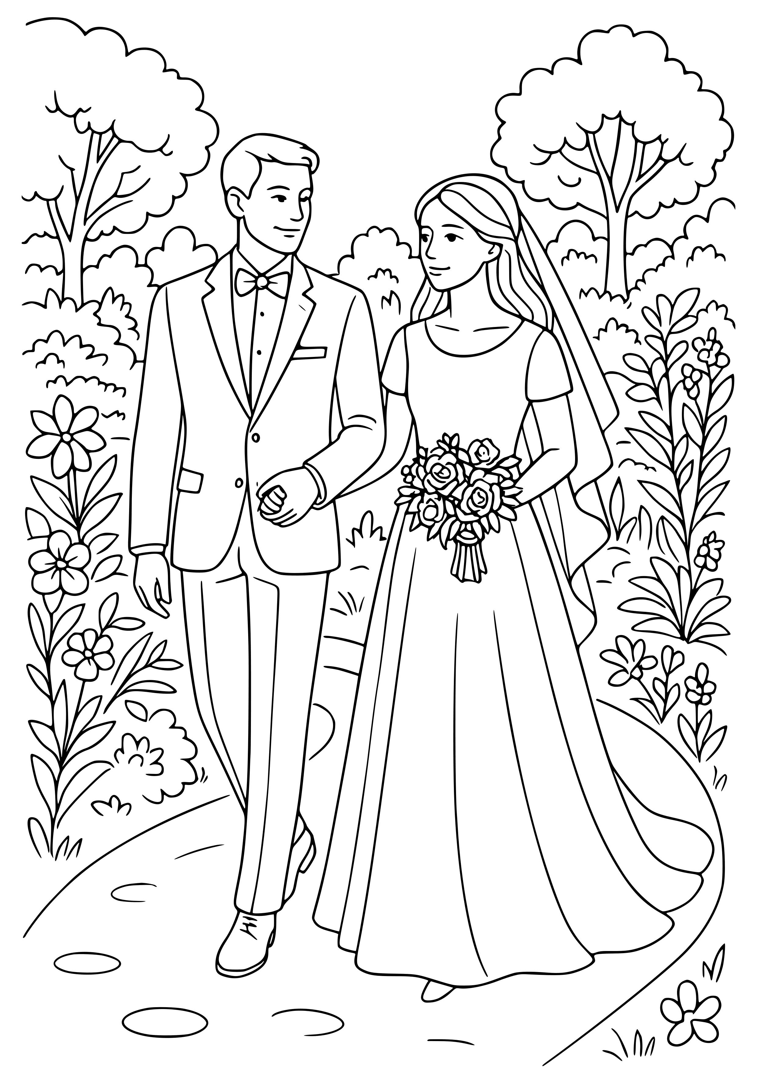 Bride and Groom Walking Through a Garden Coloring Page