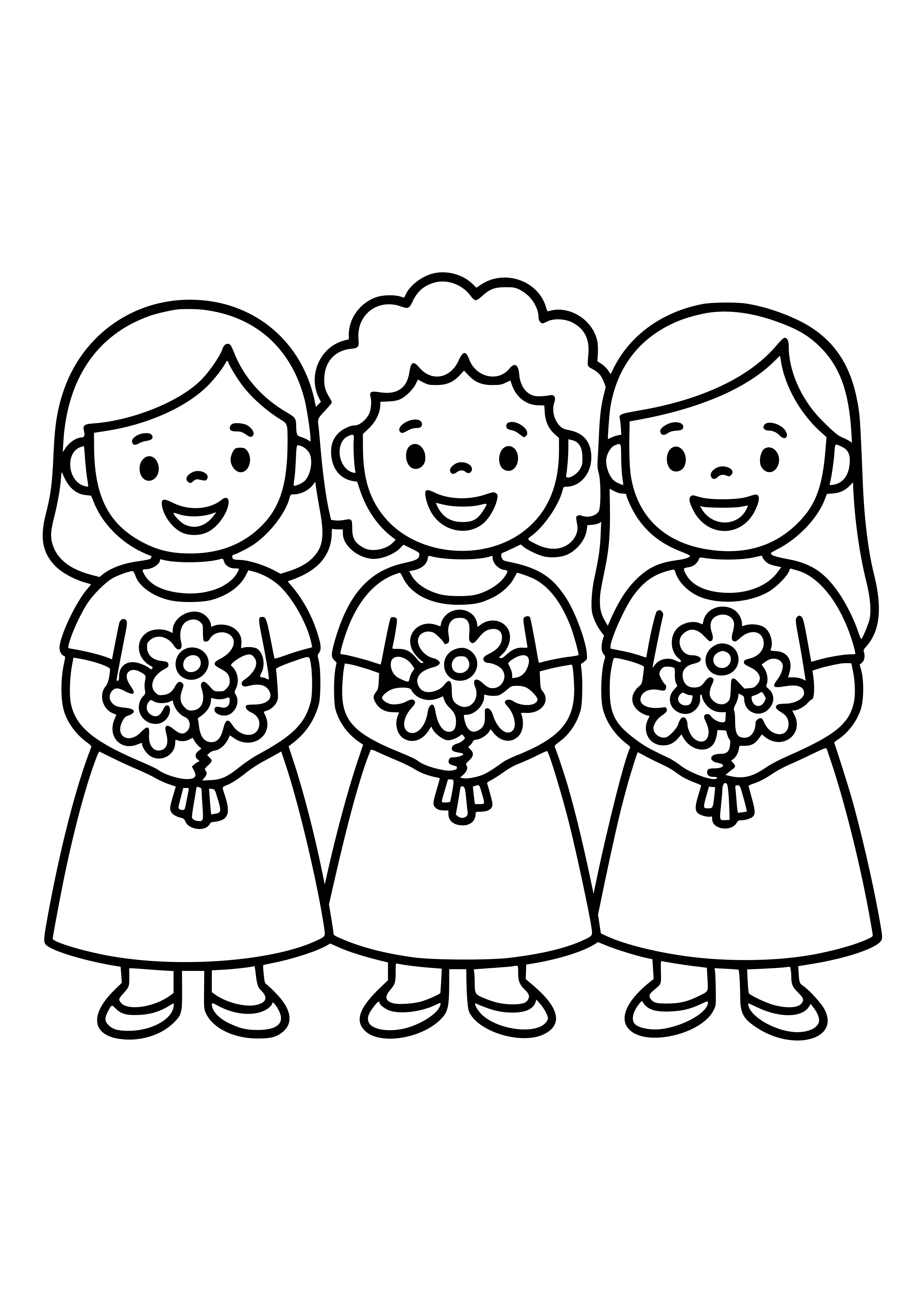 Bridesmaids Holding Bouquets and Smiling Coloring Page
