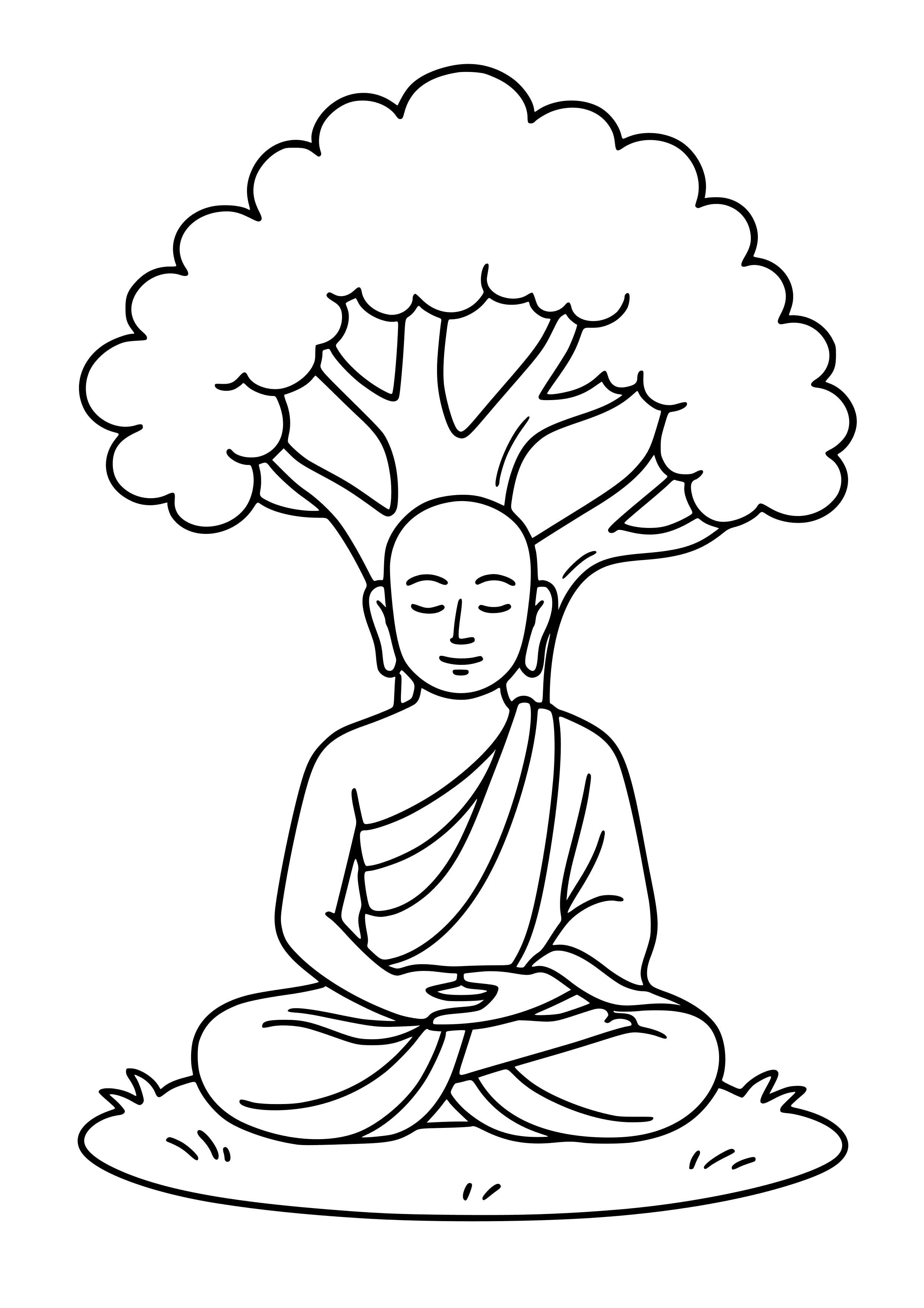 Buddhist Monk Meditating Under a Tree Coloring Page