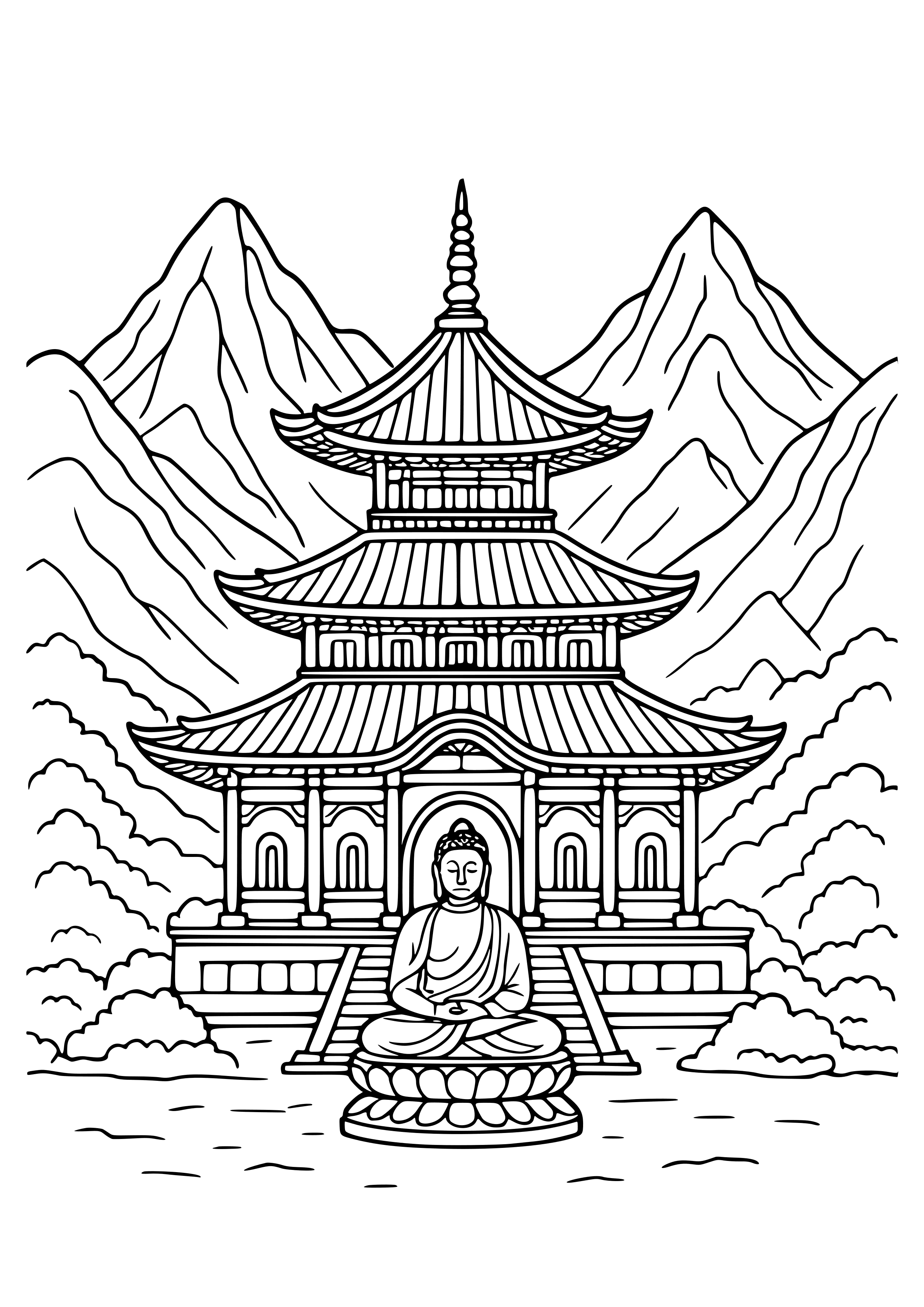 Buddhist Temple Surrounded by Mountains Coloring Page