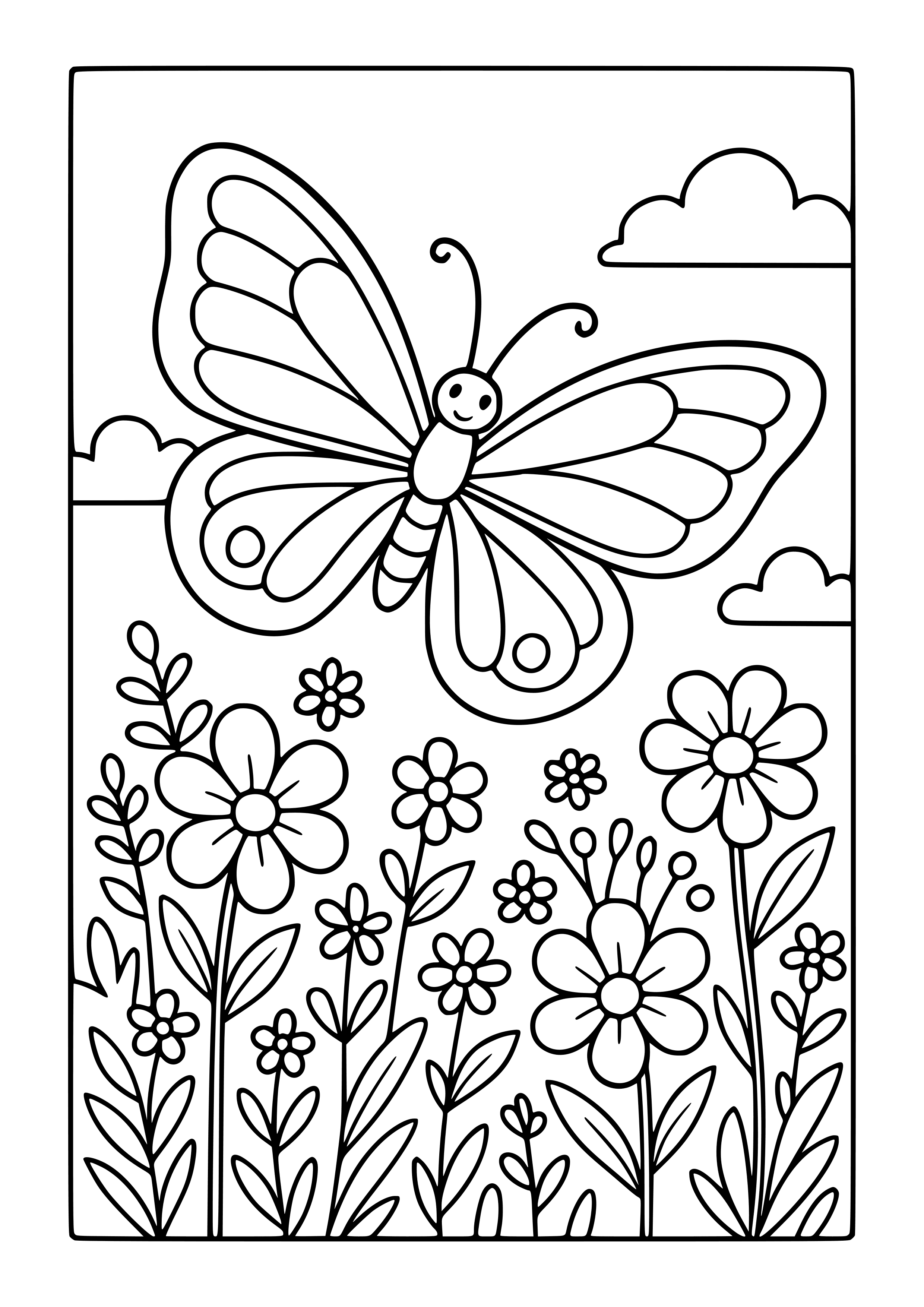 Butterfly Flying Over a Flower Field Coloring Page