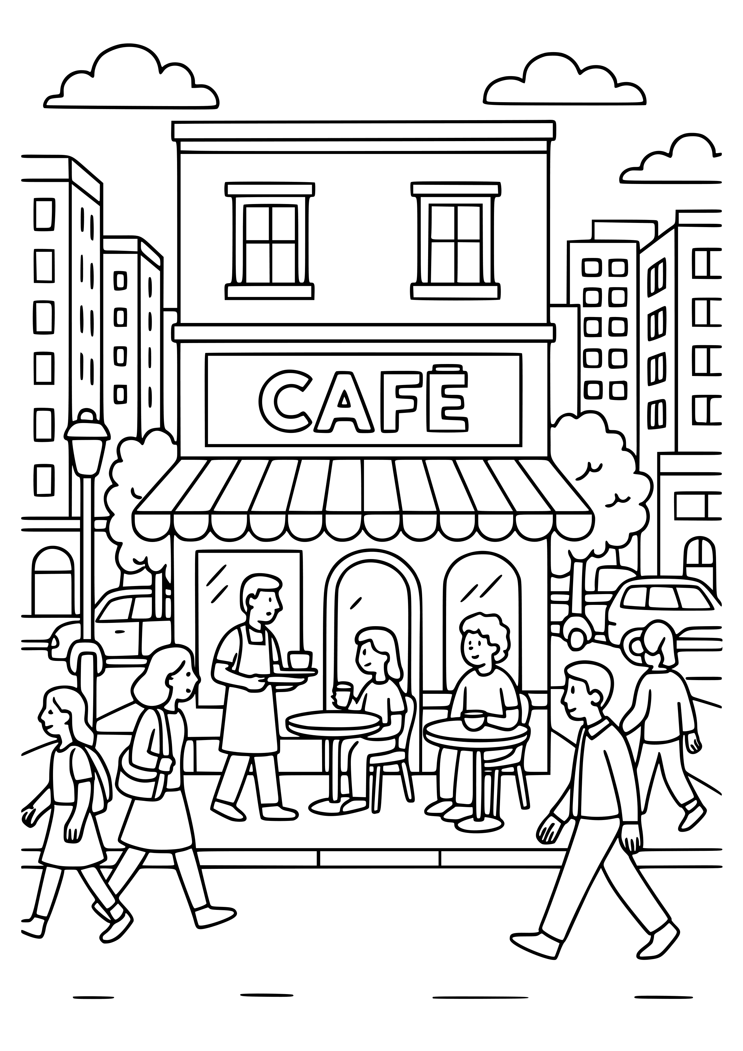 Café in a Bustling City Street Coloring Page