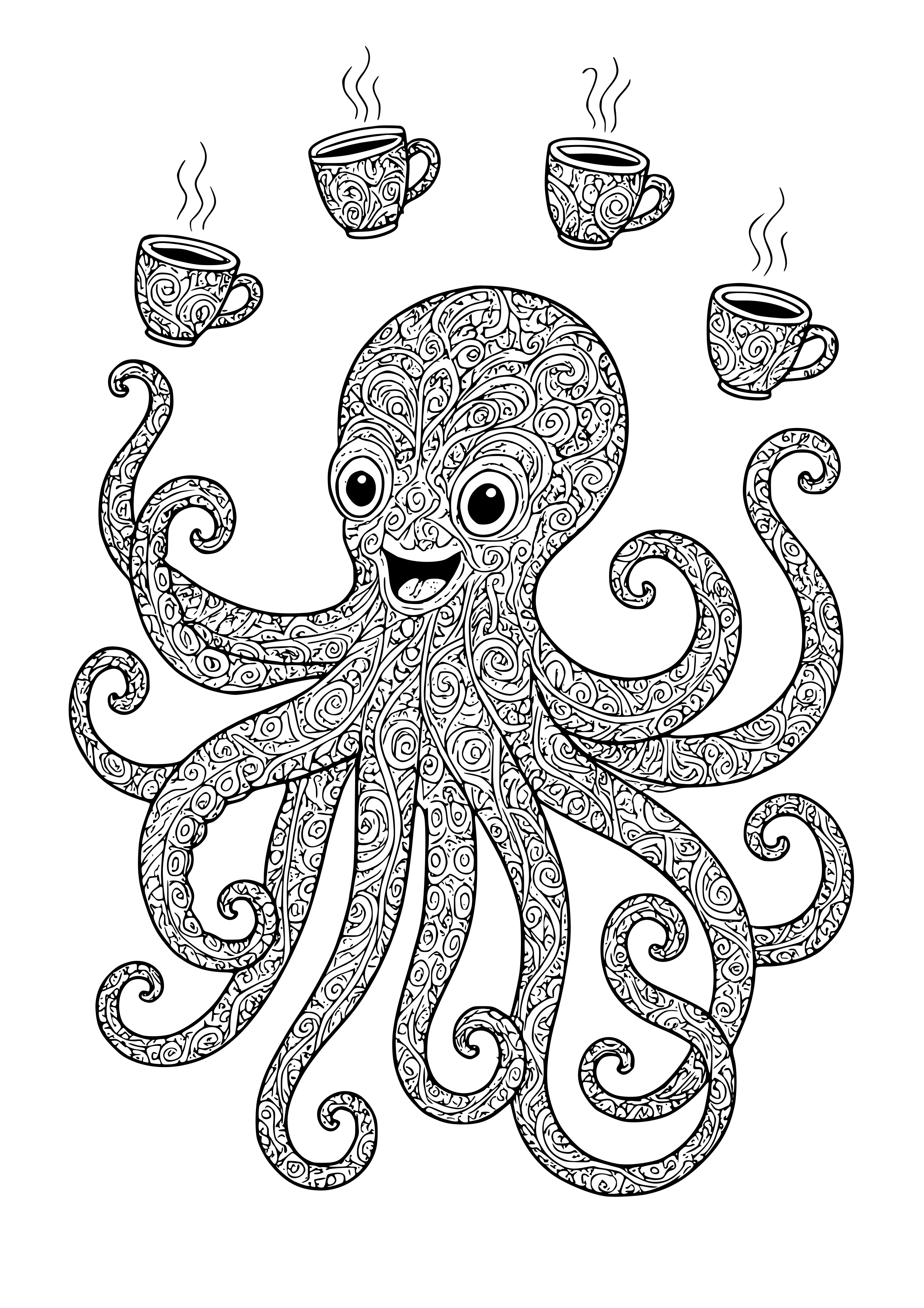 Caffeine-fueled Octopus Juggling Coffee Cups Coloring Page