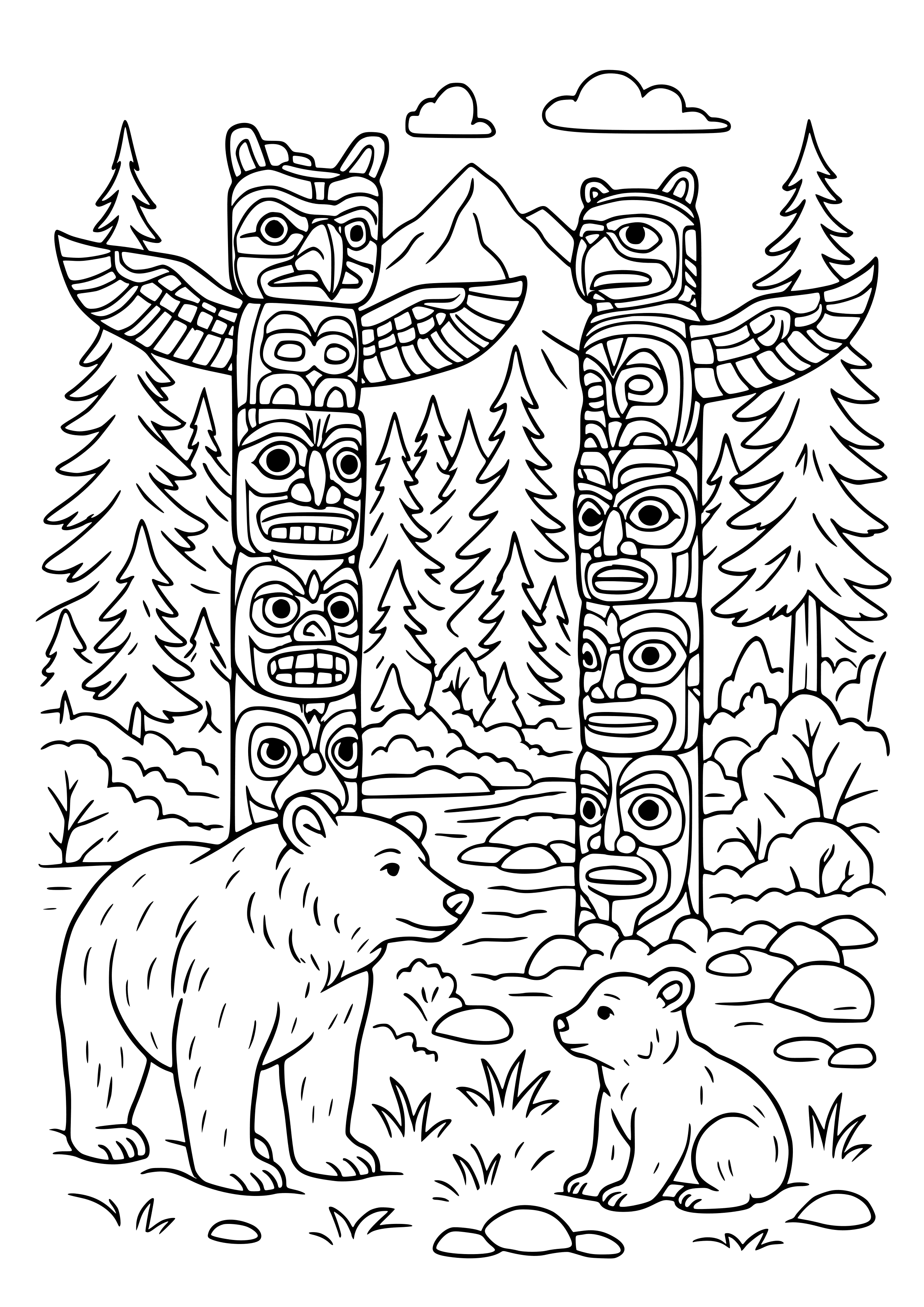 Canadian Wilderness with Totem Poles and Bears Coloring Page
