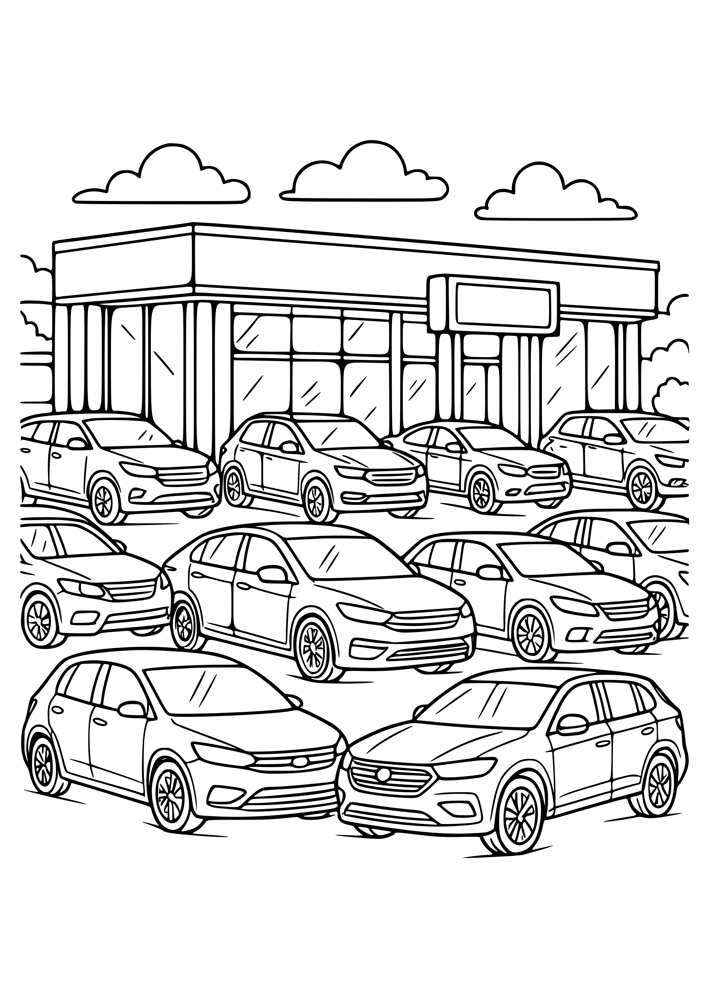 Car Dealership with Various Models Coloring Page