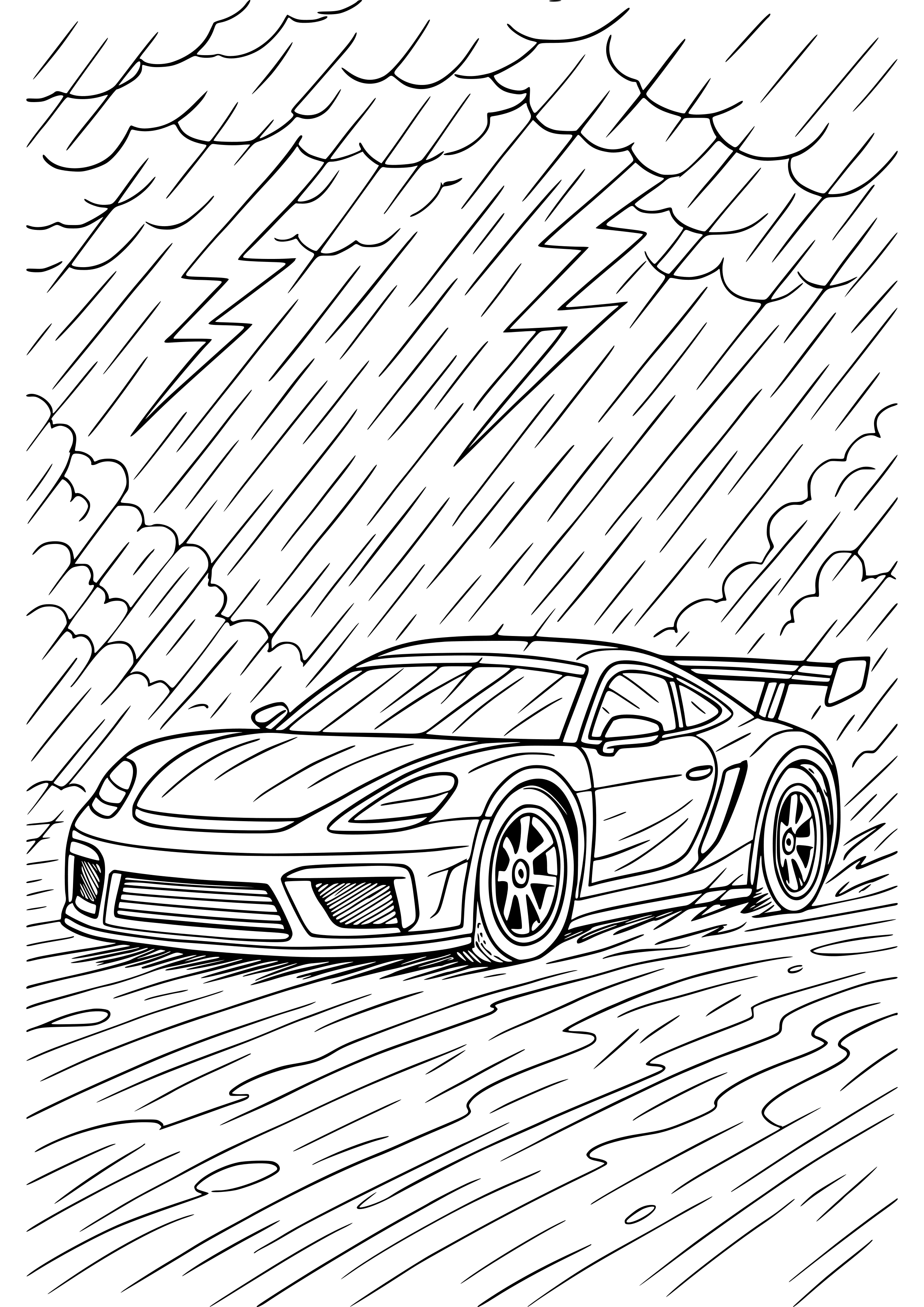 Car Racing Through a Rainstorm Coloring Page