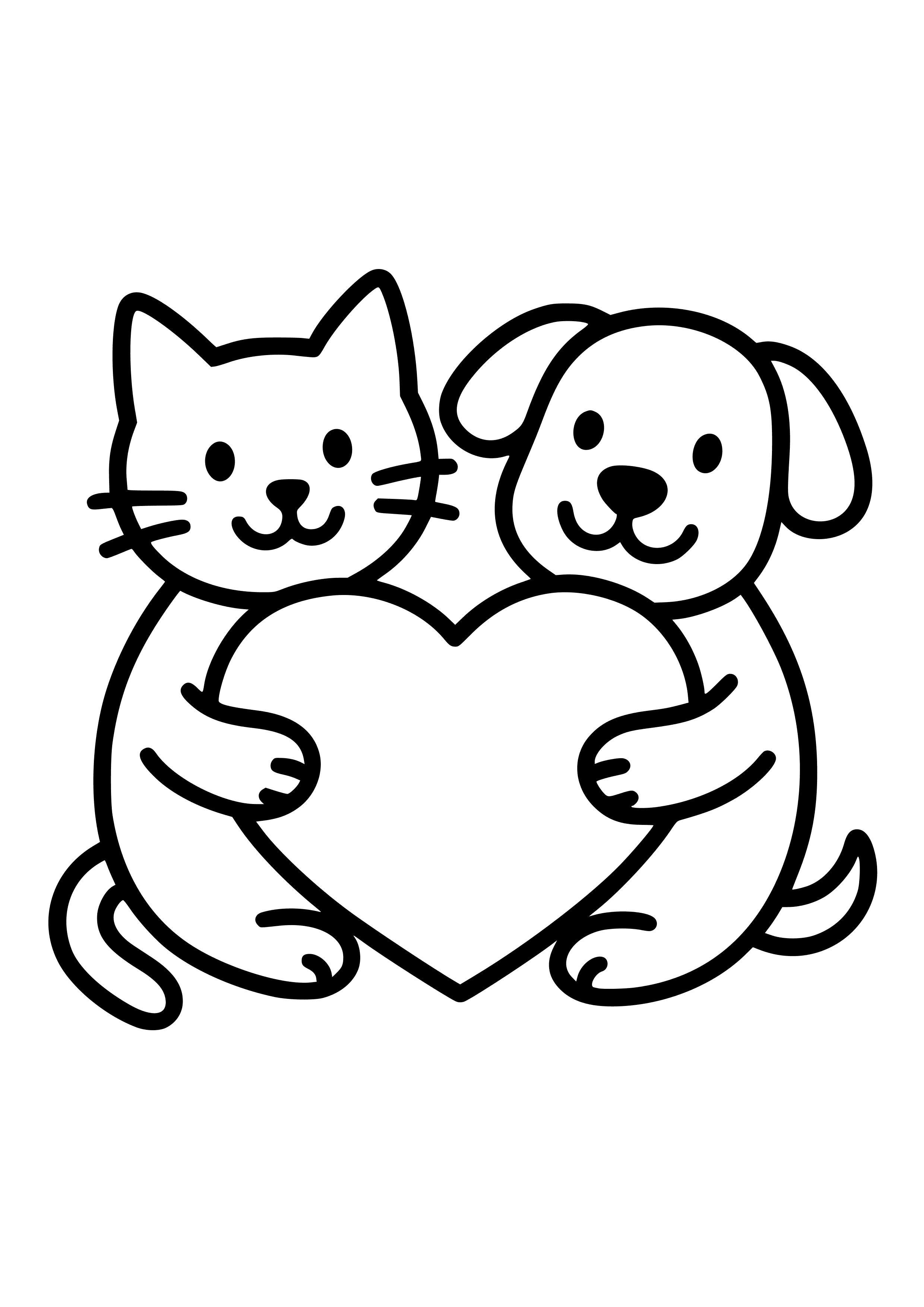 Cat and Dog Sharing a Heart-shaped Pillow Coloring Page