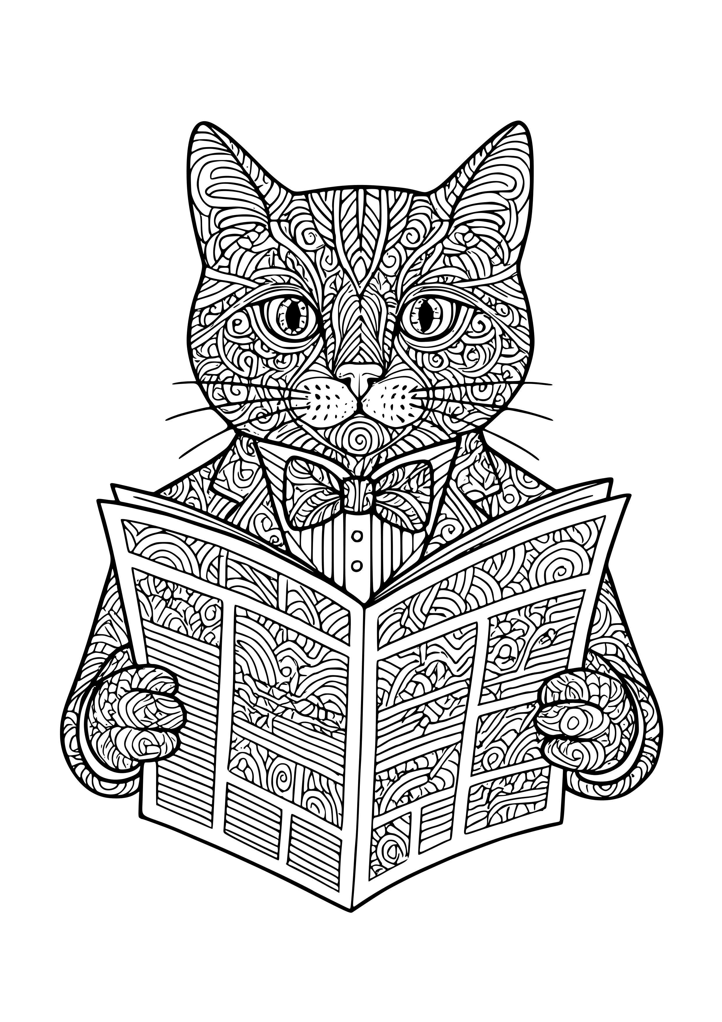 Cat in a Tuxedo Reading a Newspaper Coloring Page