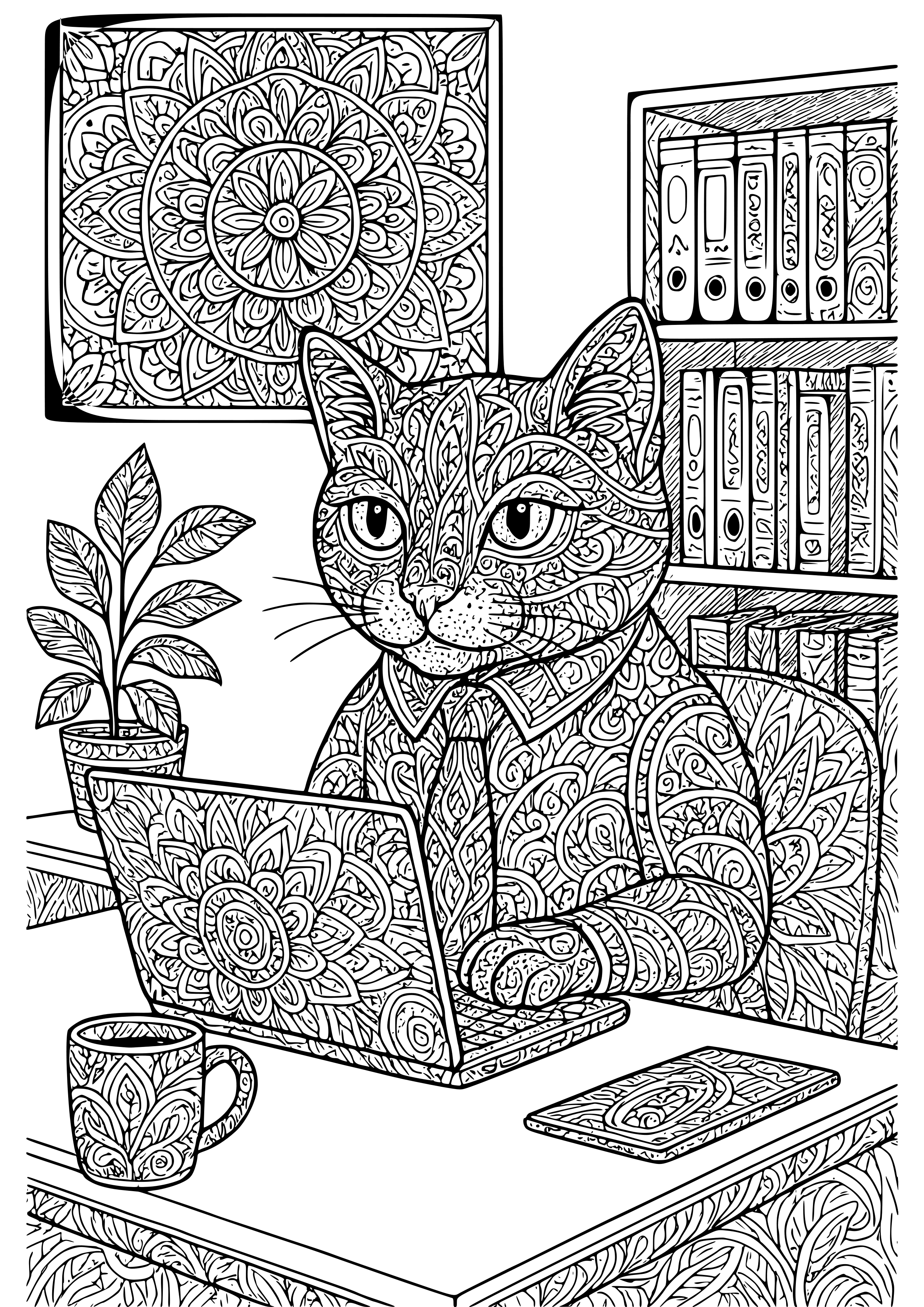 Cat in an Office Working on a Laptop Coloring Page
