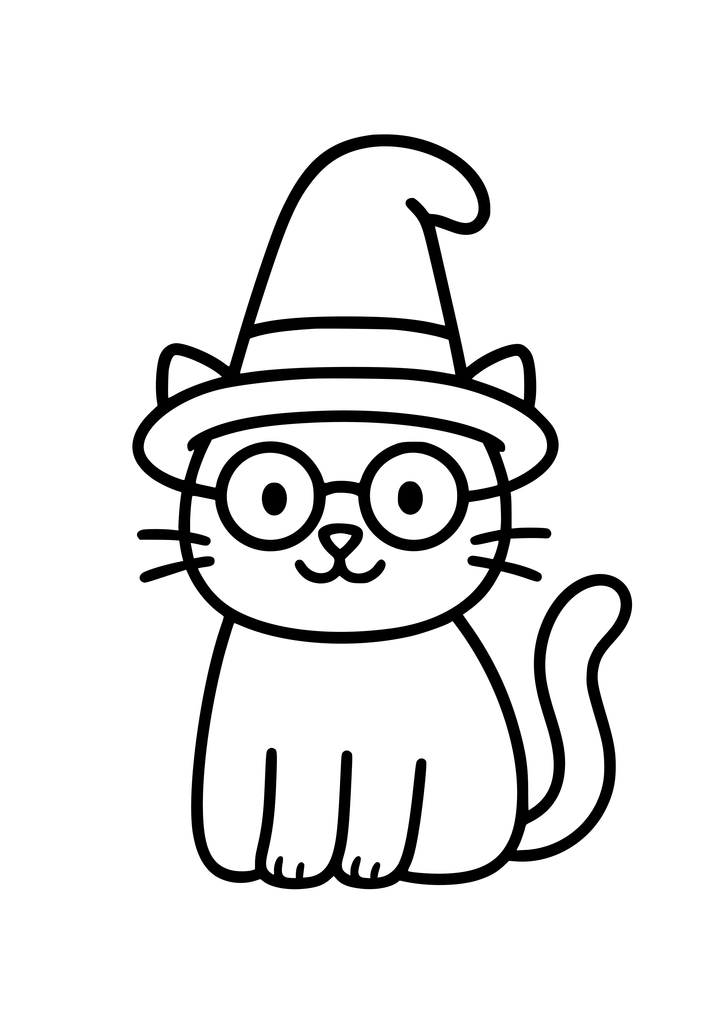 Cat with a Funny Hat and Glasses Coloring Page