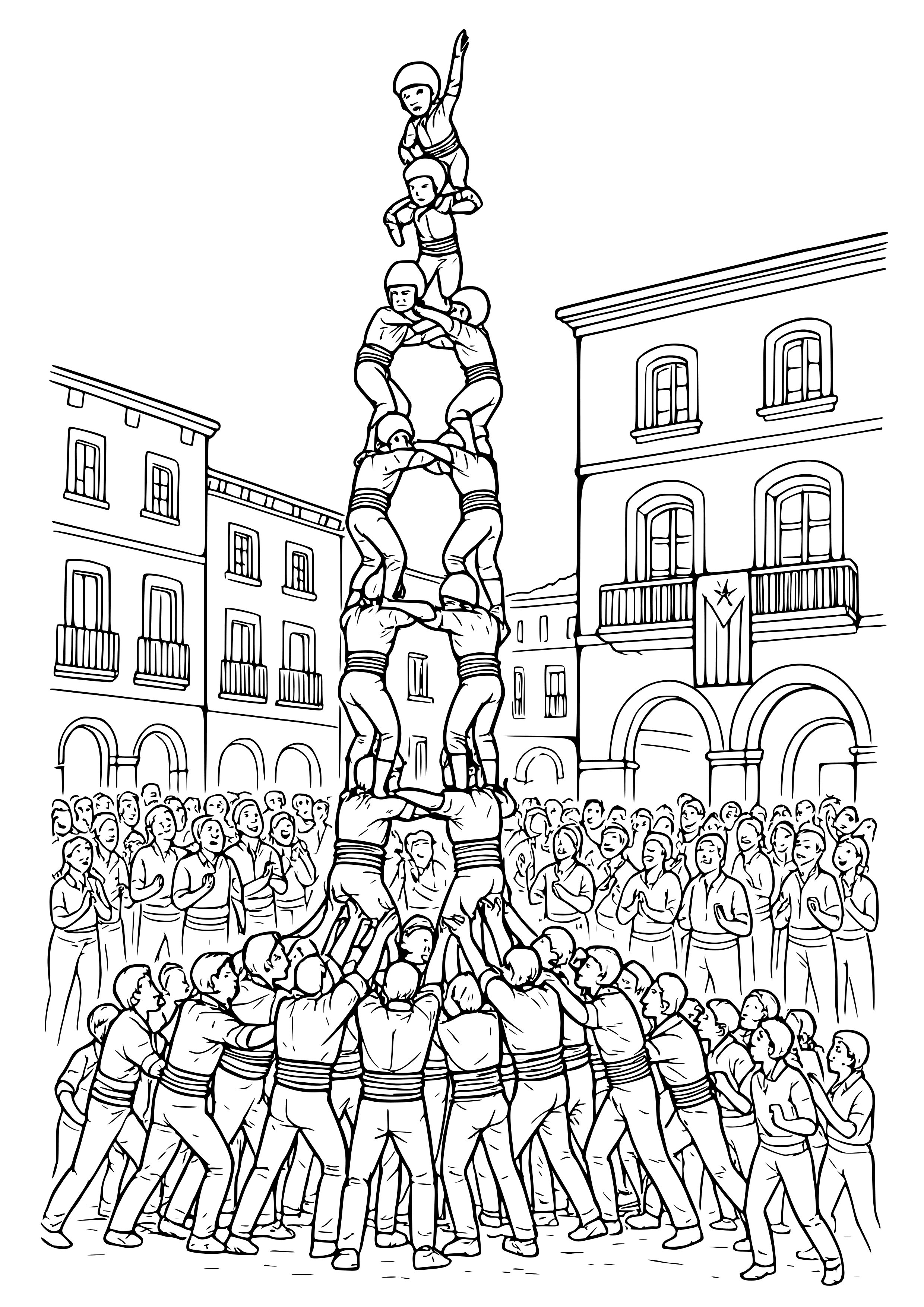 Catalan Tradition with Human Towers During a Fiesta Coloring Page