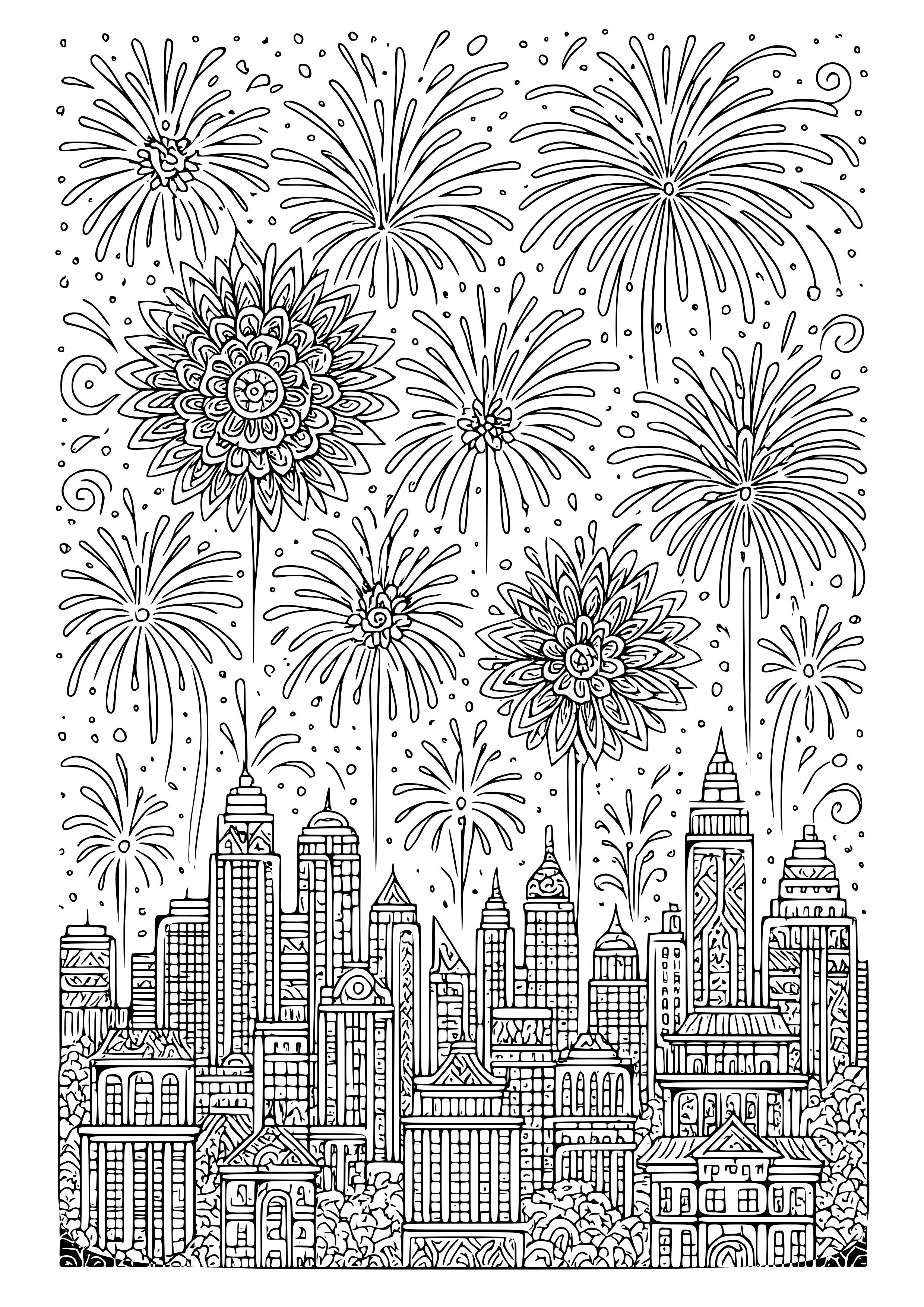 Celebratory Fireworks Bursting Over a City Coloring Page