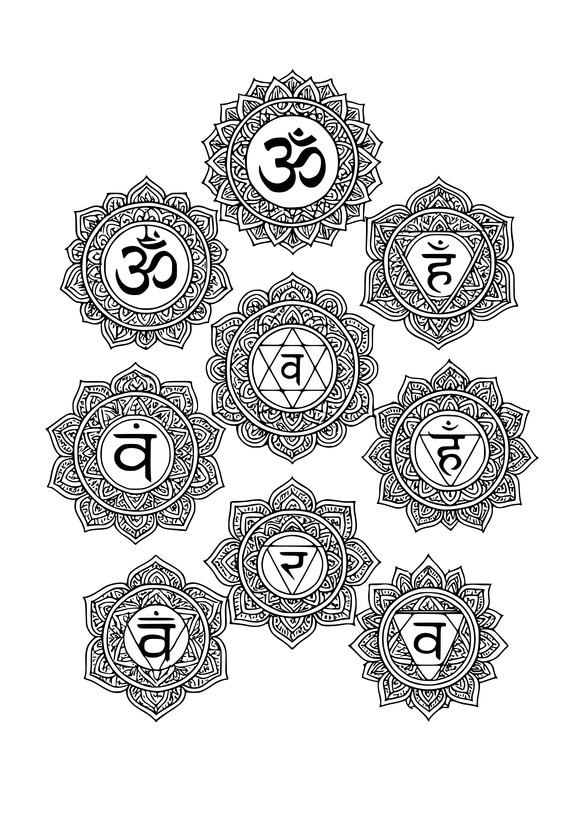 Chakra Symbols in a Circle Coloring Page