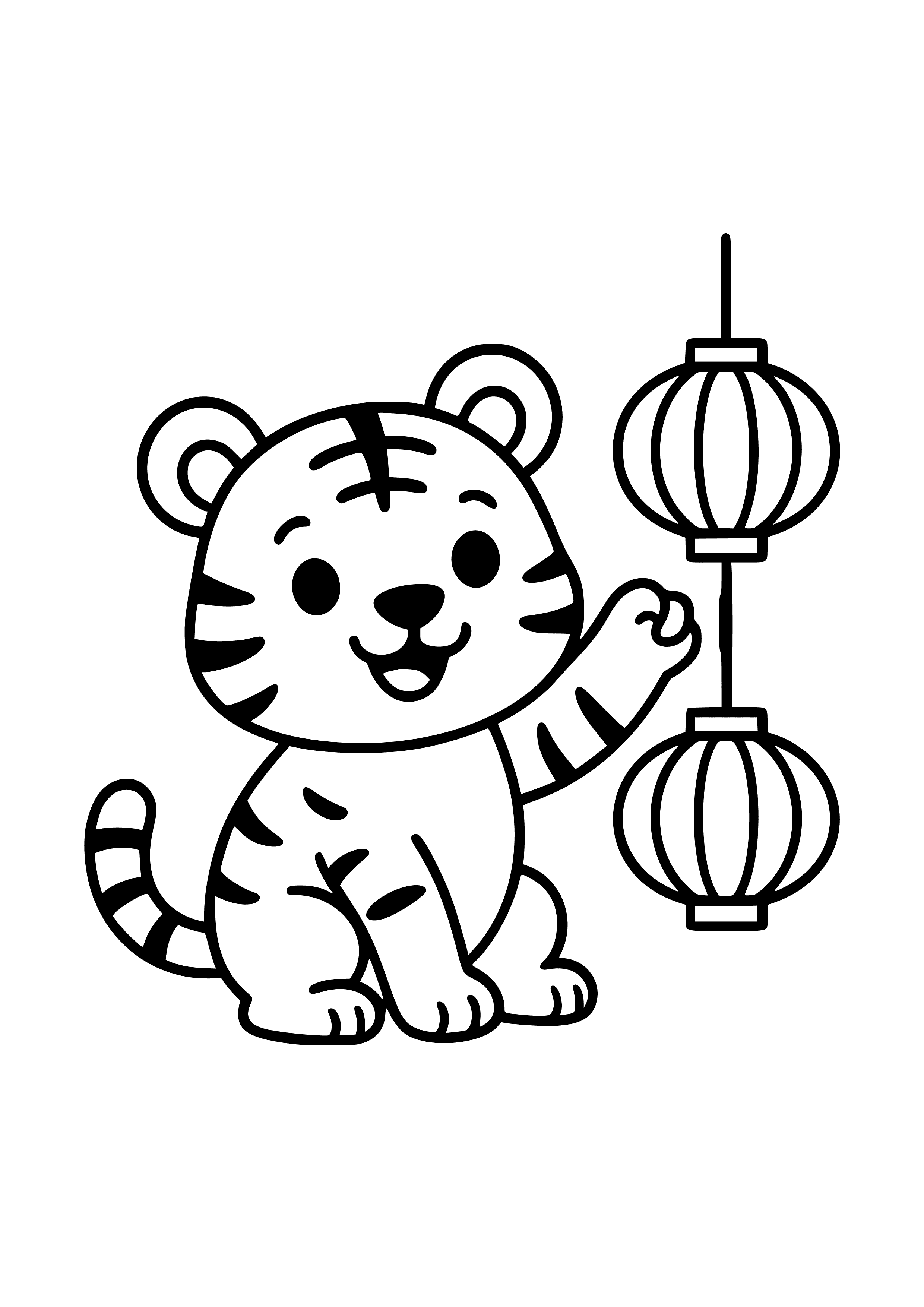 Charming Tiger Cub Playing with Lanterns Coloring Page