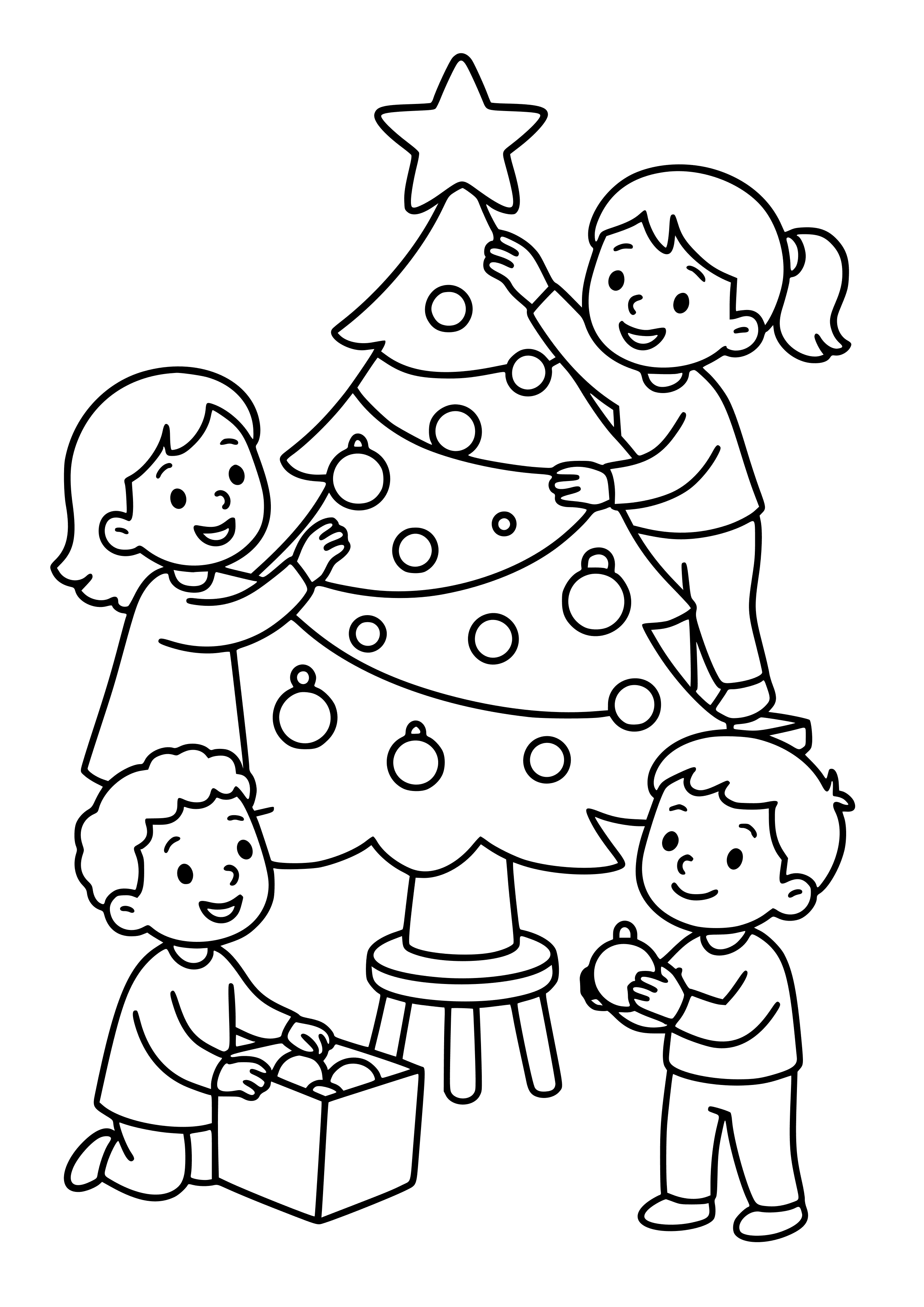 Children Decorating the Christmas Tree Coloring Page