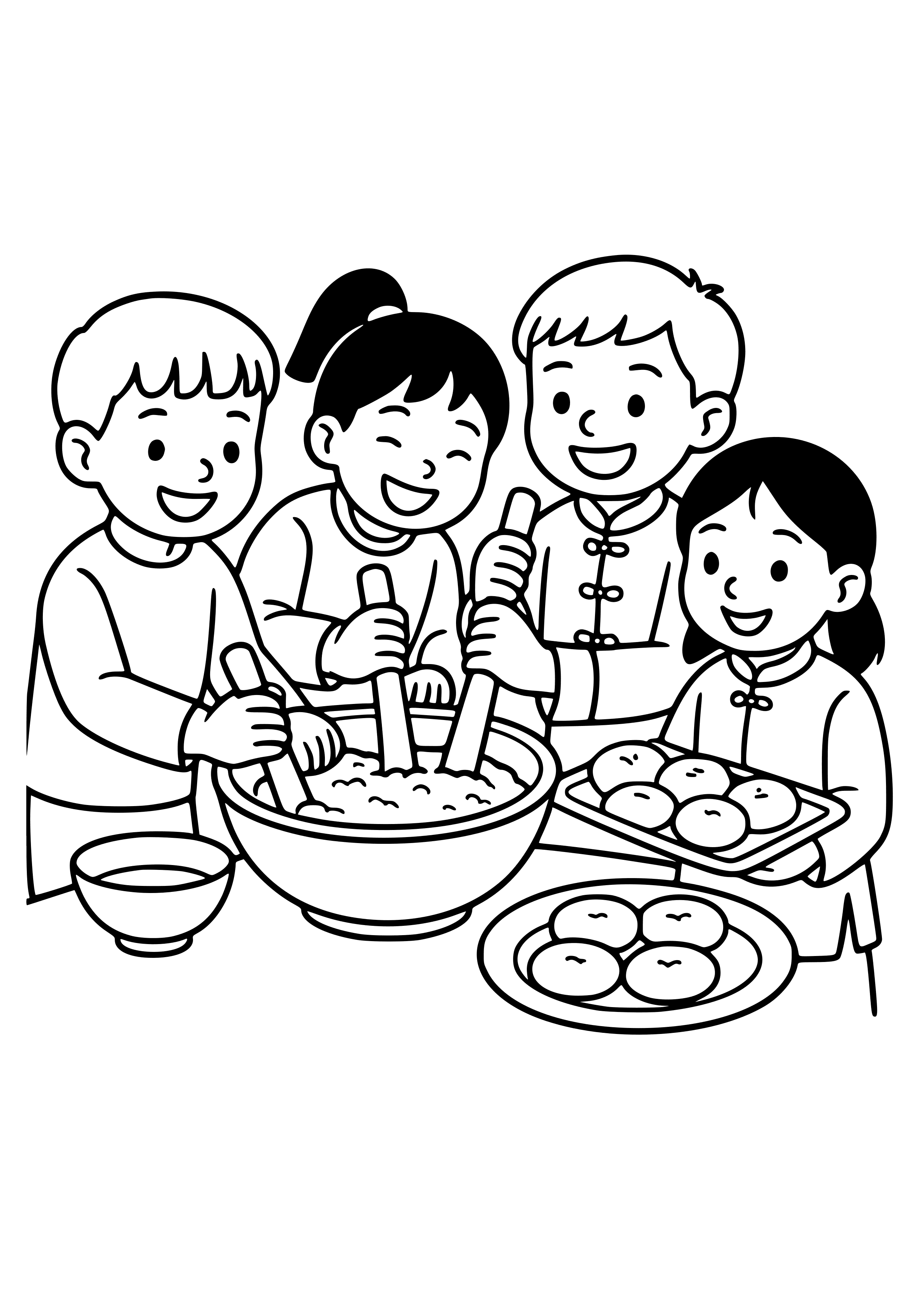 Children Enjoying Rice Cake Making Coloring Page