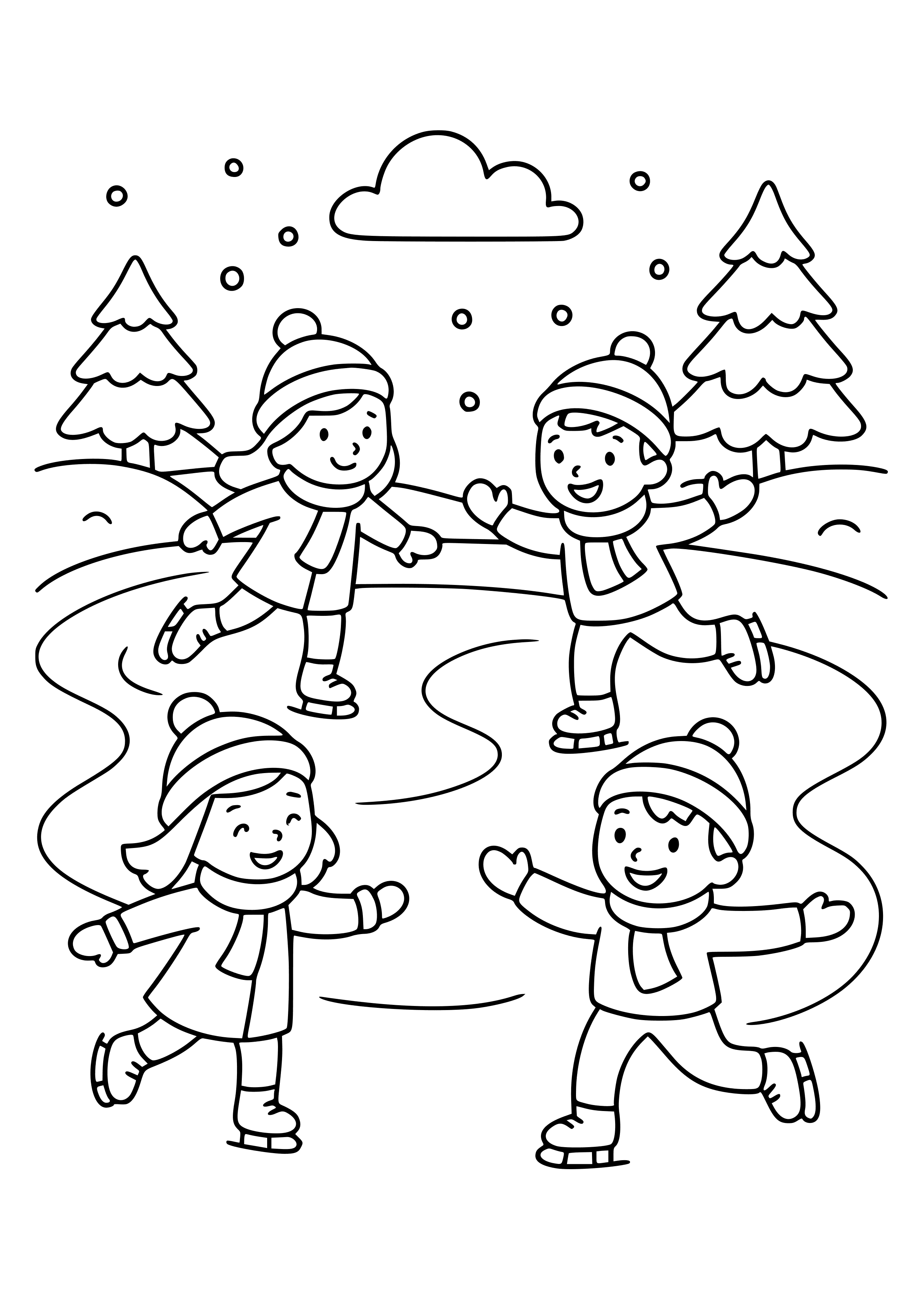 Children Ice Skating on a Pond Coloring Page