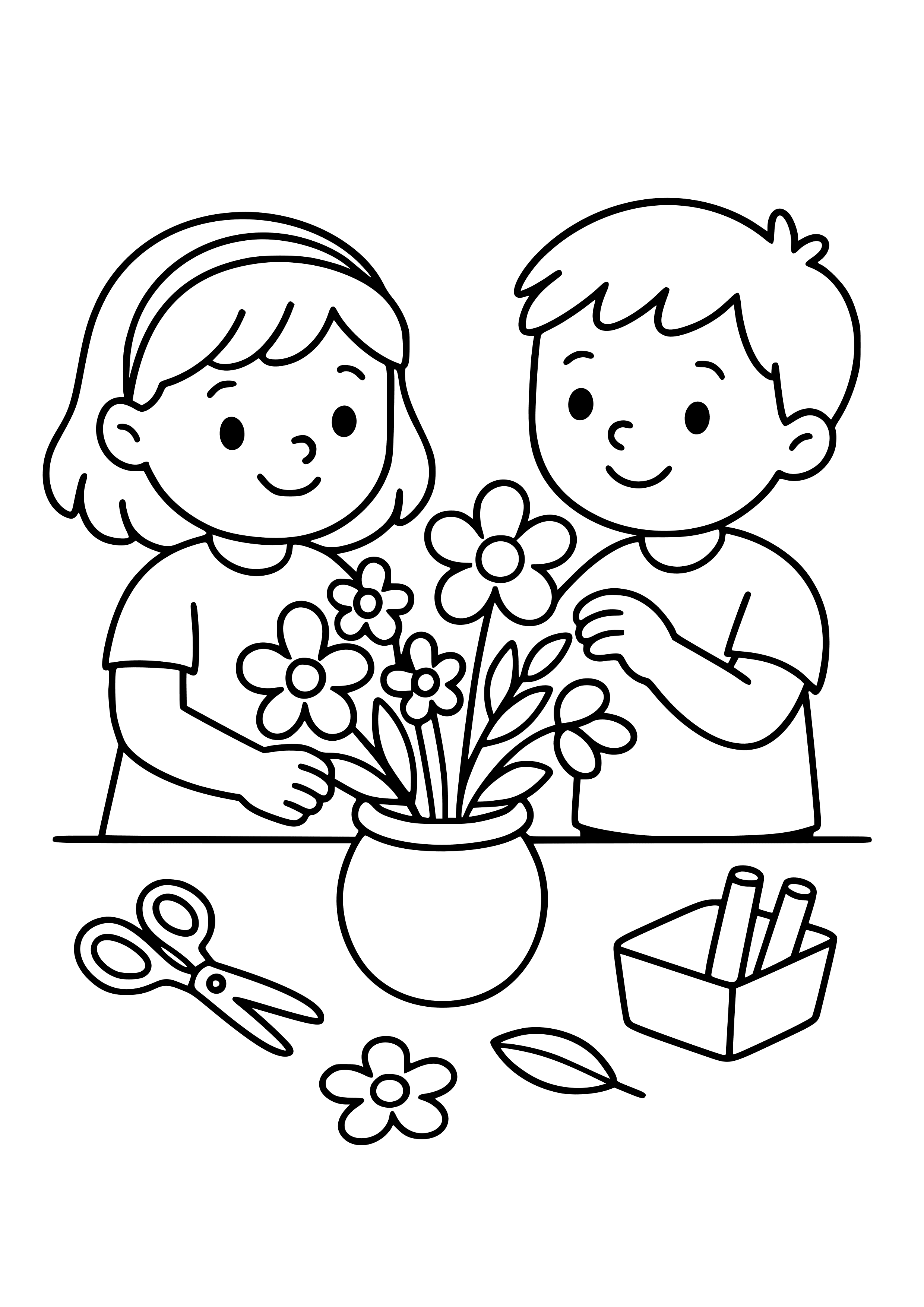 Children Making a Flower Arrangement Coloring Page