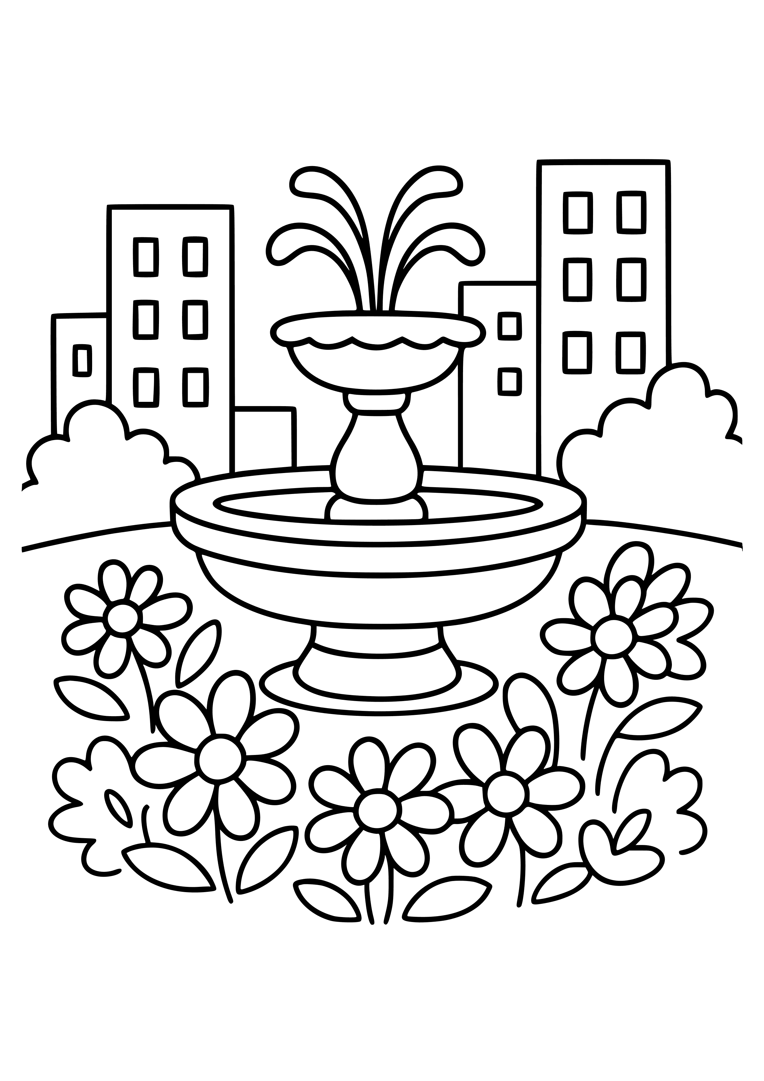 City Fountain Surrounded by Flowers Coloring Page