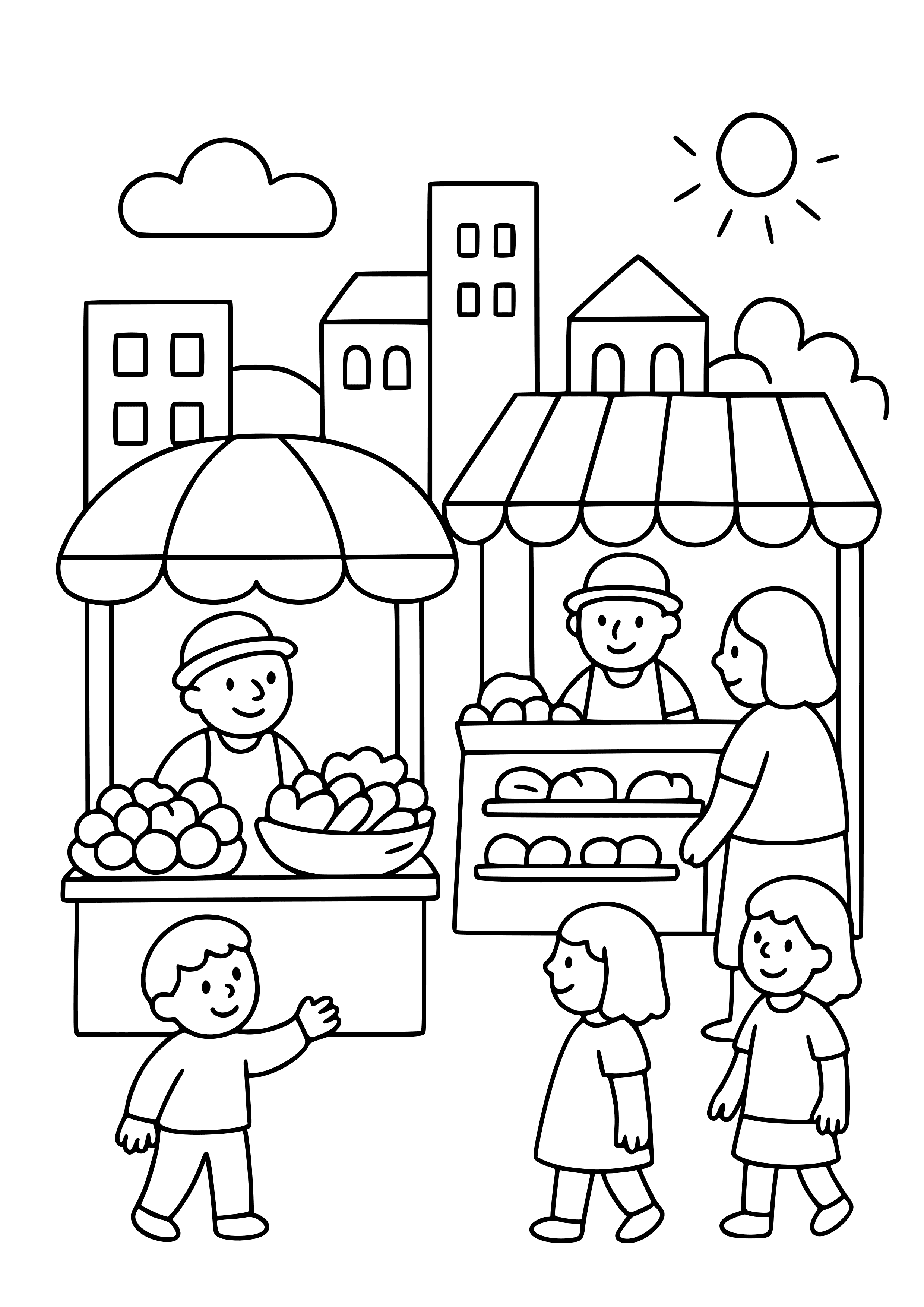 City Market with Street Vendors Coloring Page