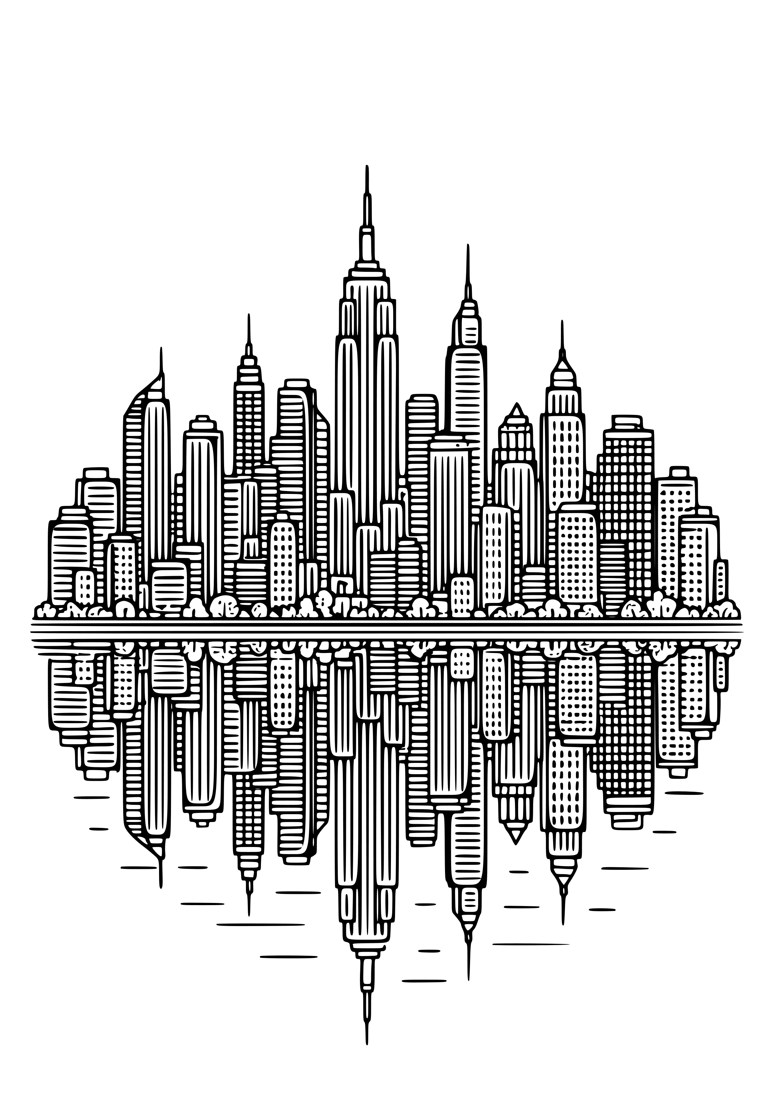 City Skyline Reflected in Water Coloring Page