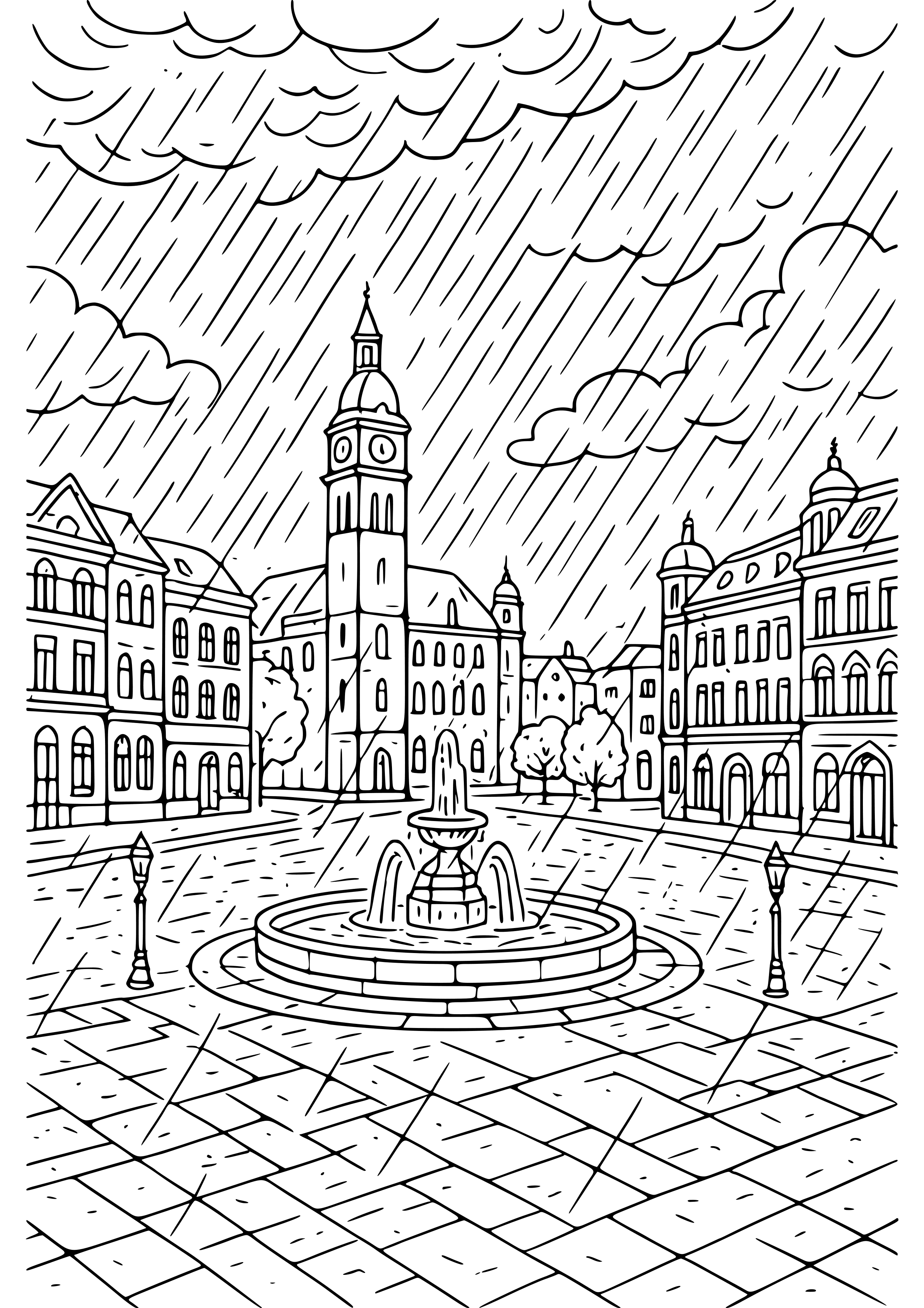 City Square During a Rainstorm Coloring Page